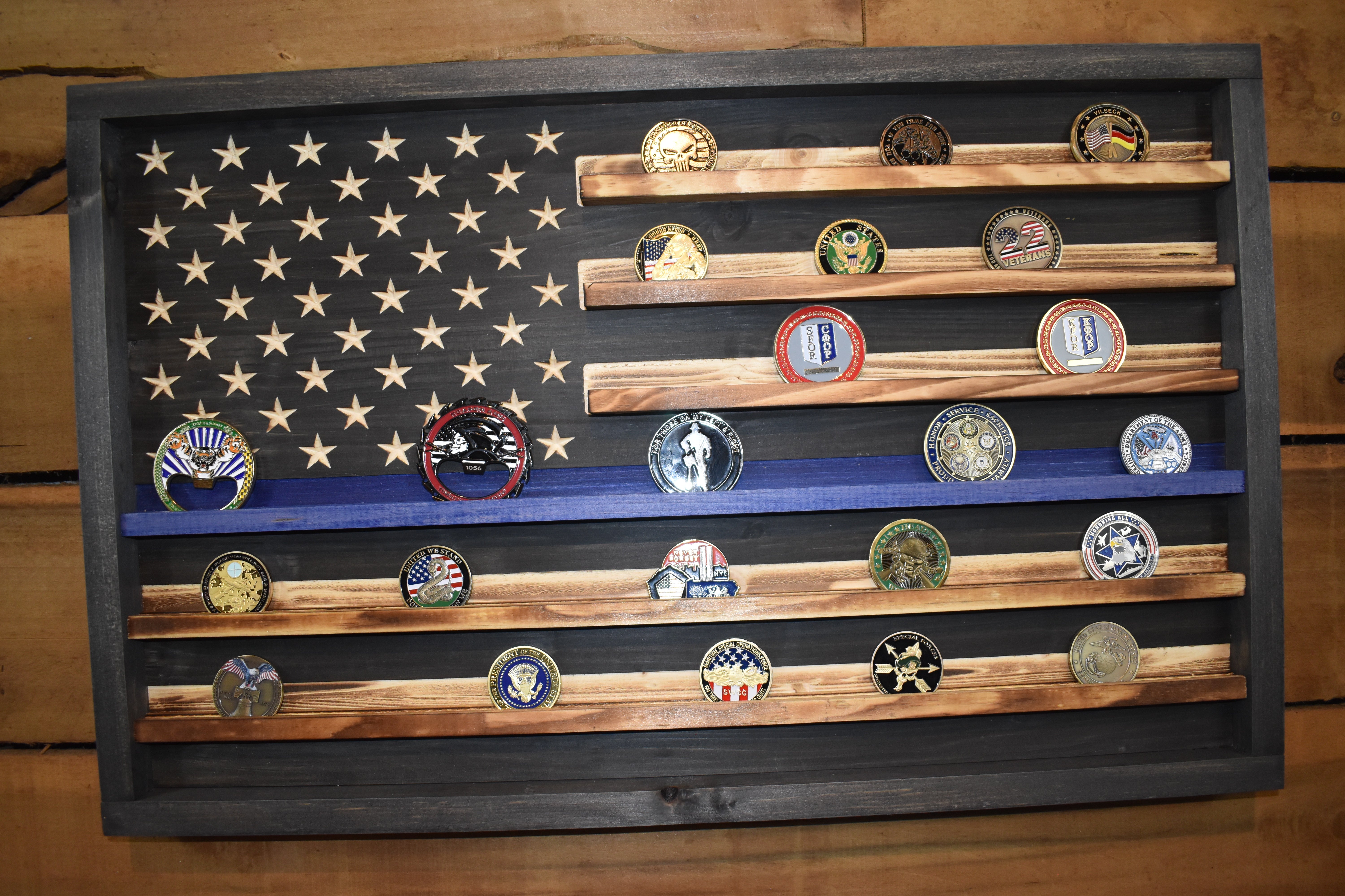 Thin Blue Line Coin Display Rack Holder - Rustic Police American Flag Coin Display