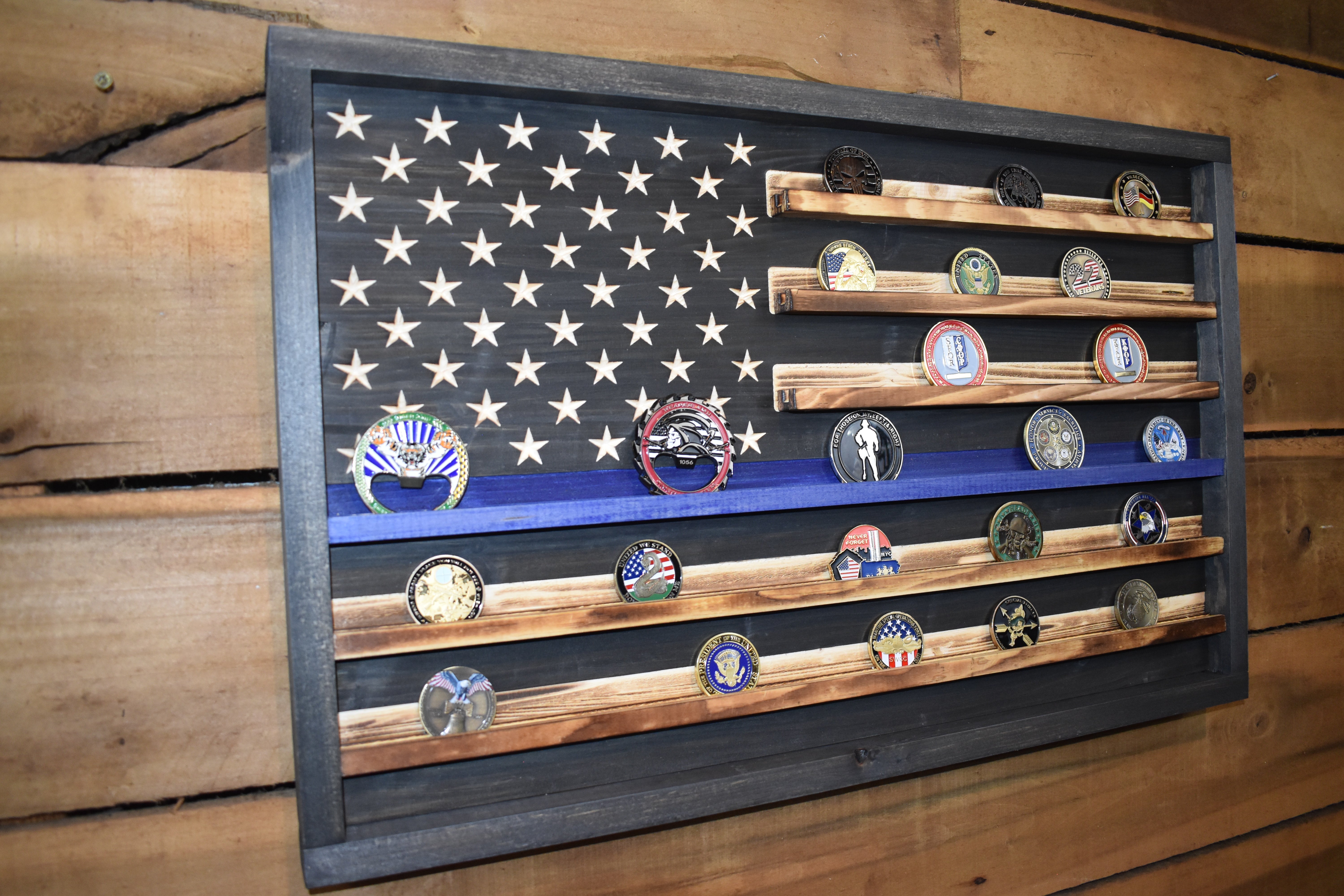 Thin Blue Line Coin Display Rack Holder - Rustic Police American Flag Coin Display