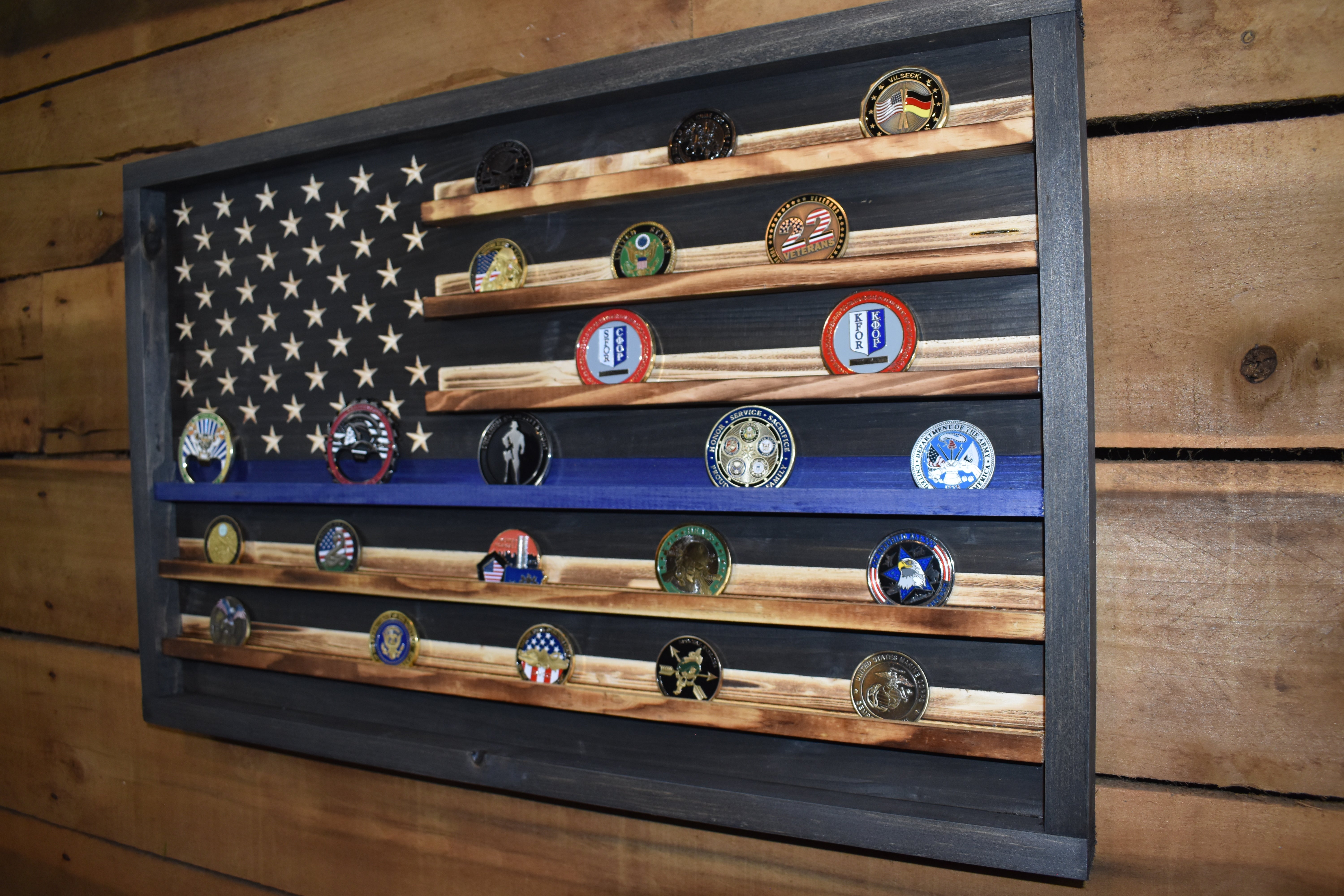 Thin Blue Line Coin Display Rack Holder - Rustic Police American Flag Coin Display