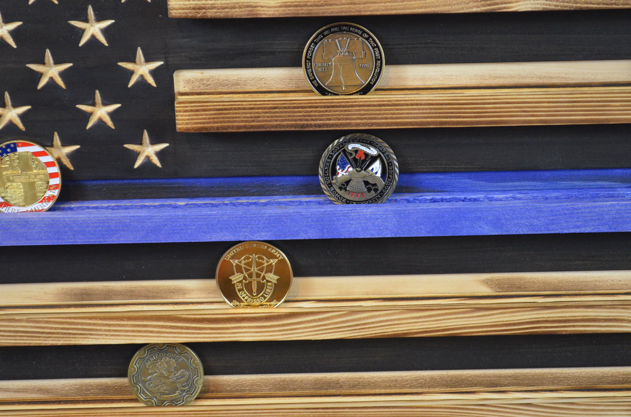 Thin Blue Line Coin Display Rack Holder - Rustic Police American Flag Coin Display