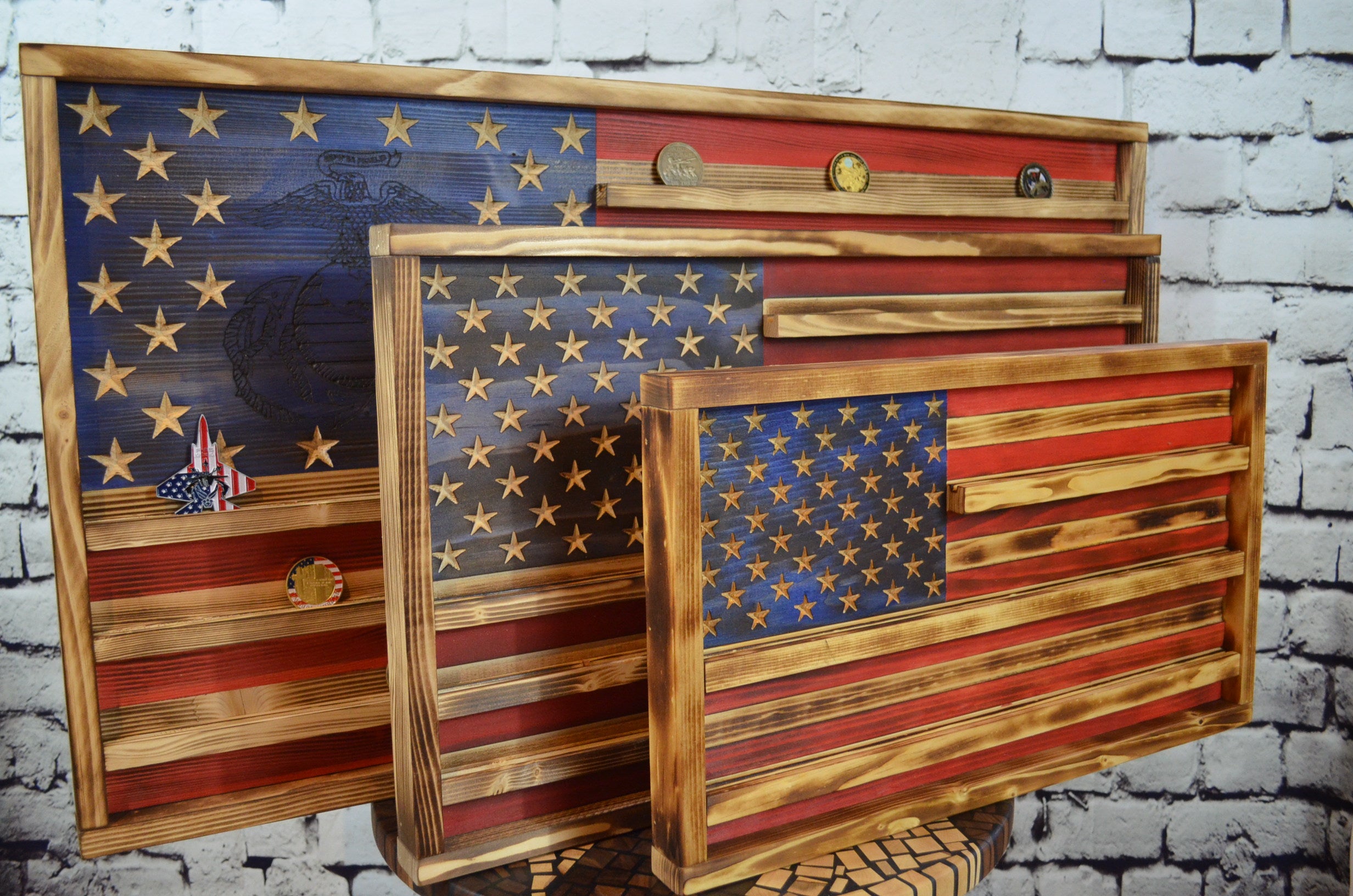 Challenge Coin Display Rack Holder - Rustic American Flag - Army National Guard Military Coin Display