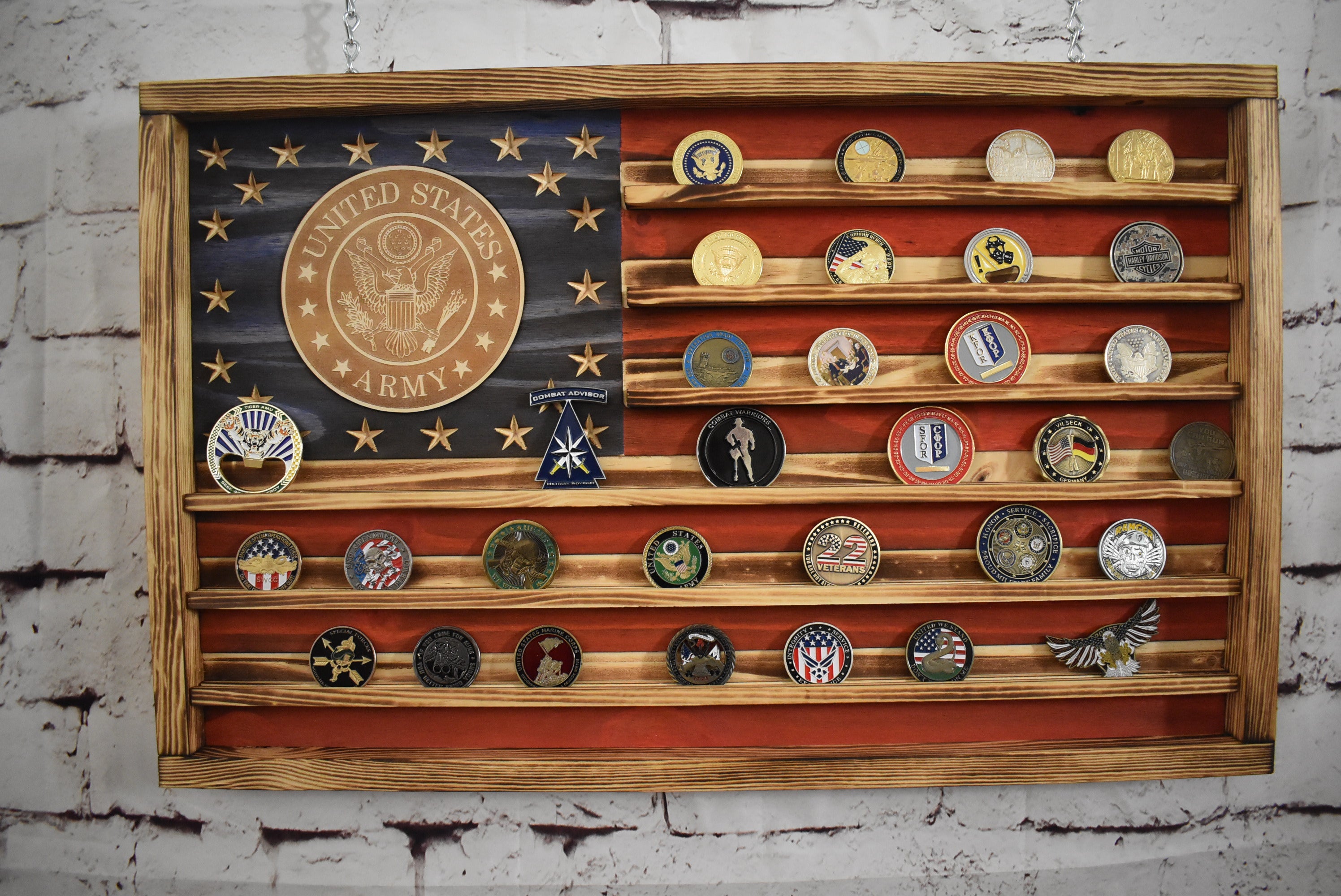 Army Challenge Coin Display Rack Holder - Rustic Army American Flag - Military Coin Display - Laser engraved emblem