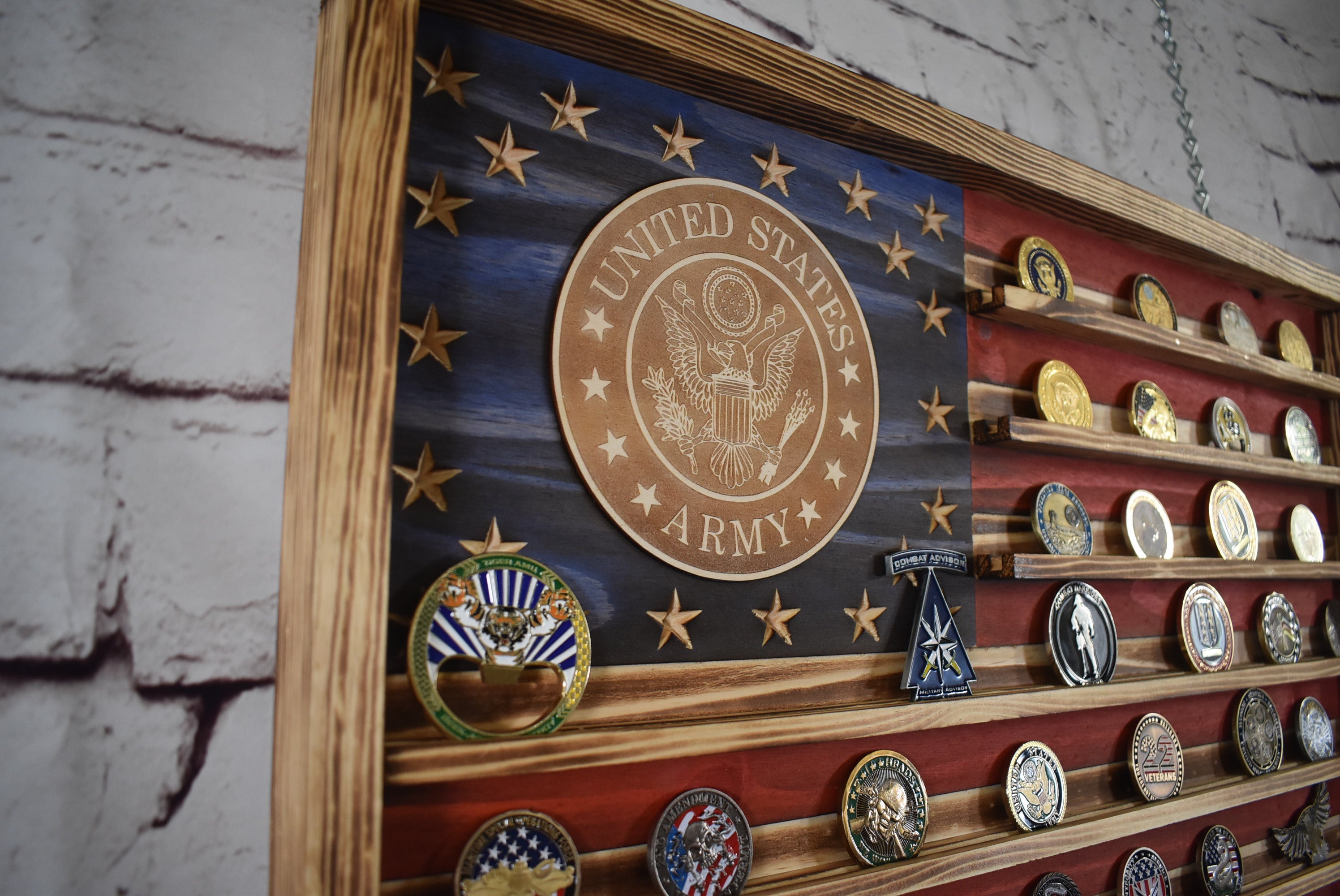 Army Challenge Coin Display Rack Holder - Rustic Army American Flag - Military Coin Display - Laser engraved emblem