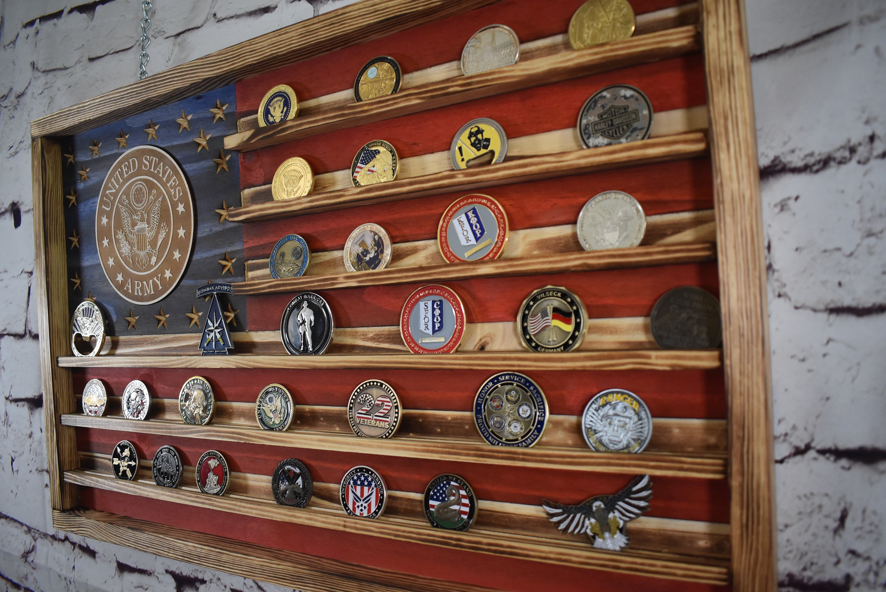 Army Challenge Coin Display Rack Holder - Rustic Army American Flag - Military Coin Display - Laser engraved emblem