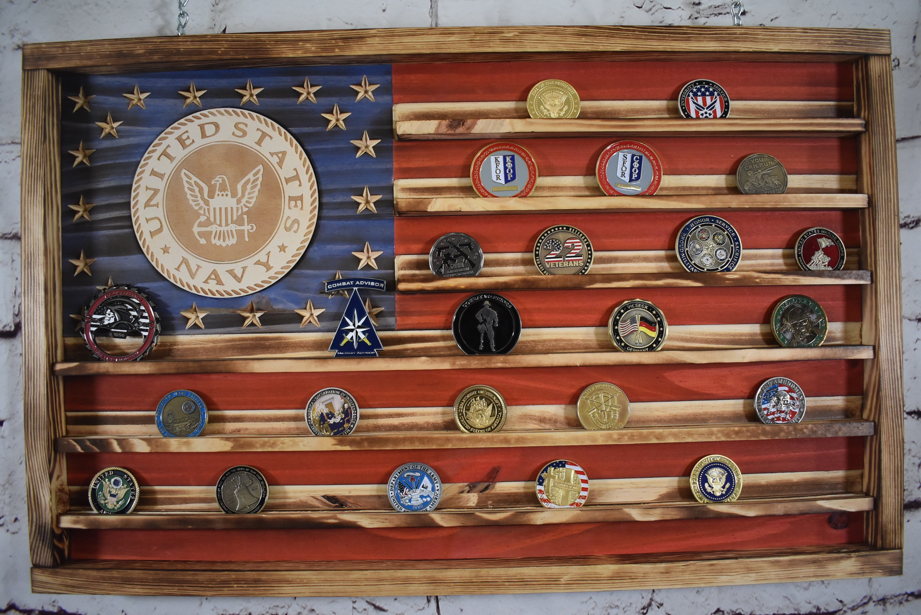 Navy Challenge Coin Display Rack Holder - Rustic US Navy American Flag - Military Coin Display