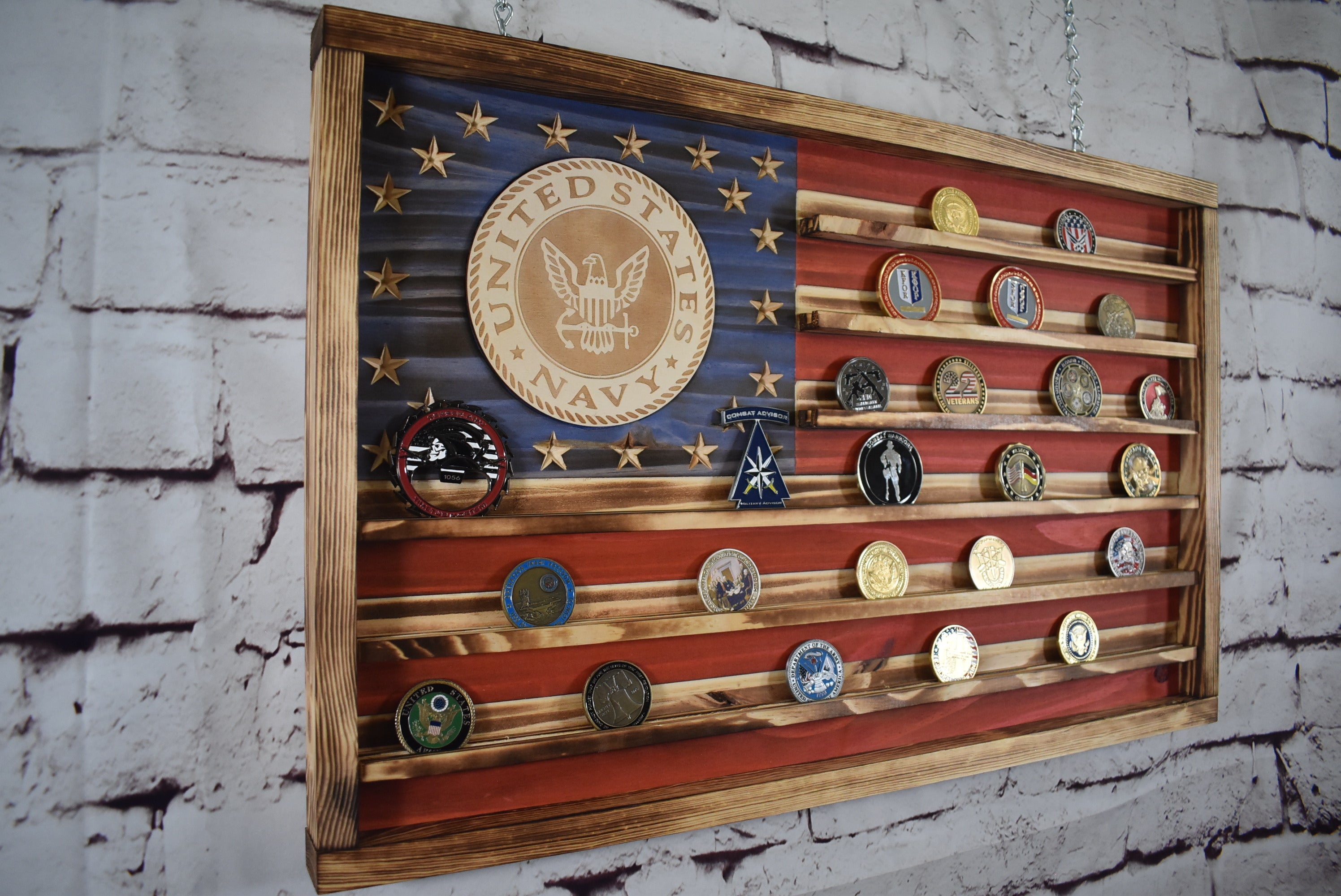 Navy Challenge Coin Display Rack Holder - Rustic US Navy American Flag - Military Coin Display