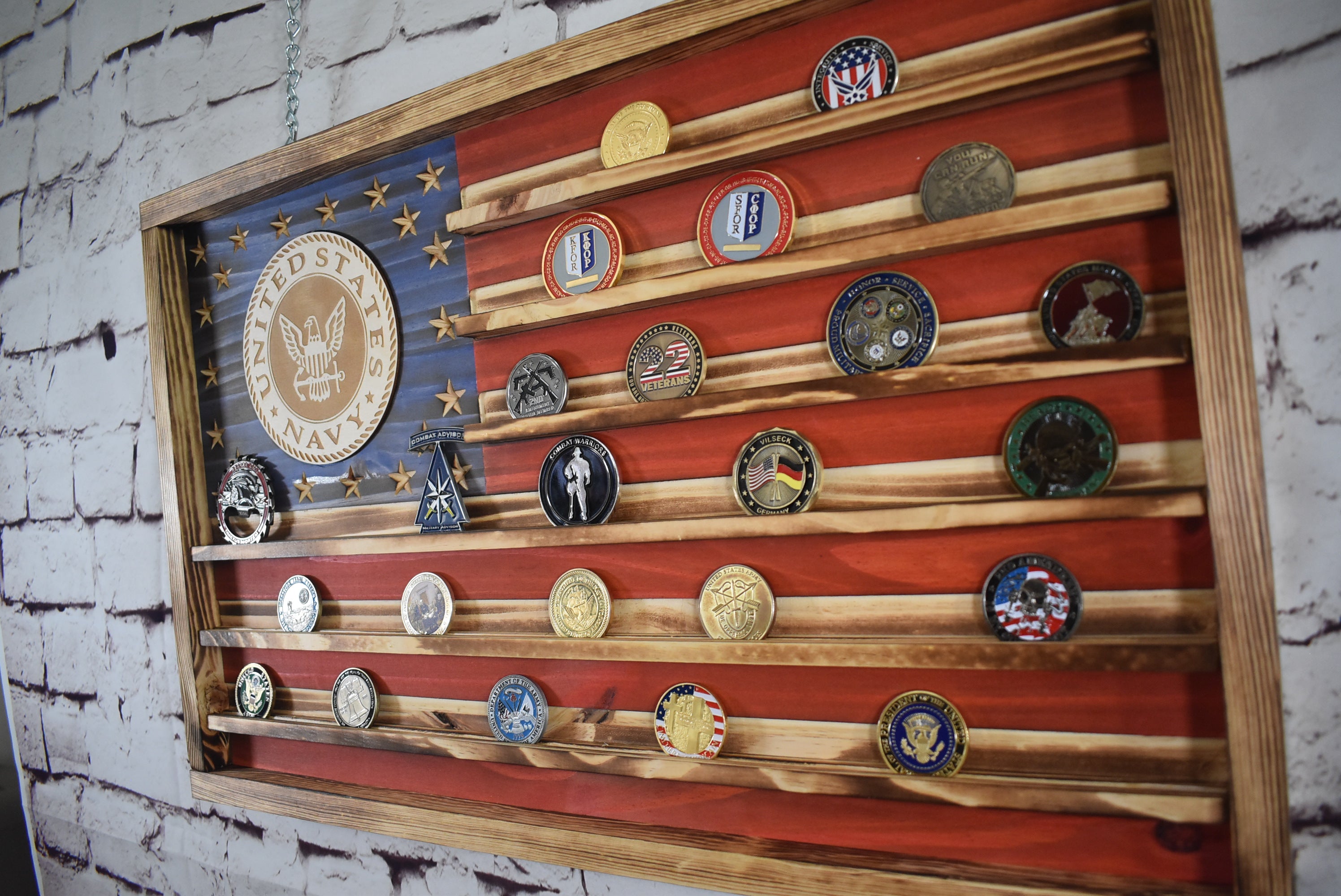 Navy Challenge Coin Display Rack Holder - Rustic US Navy American Flag - Military Coin Display