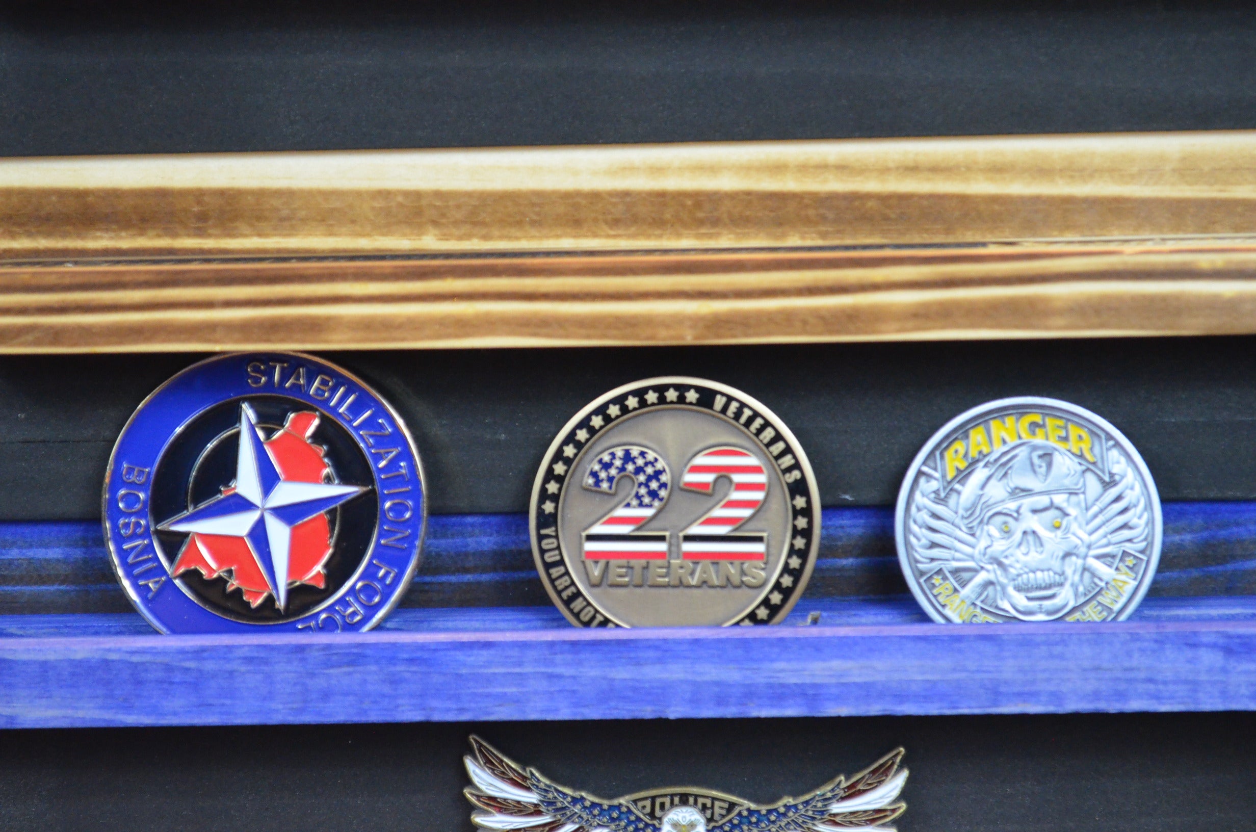 Thin Blue Line Coin Display Rack Holder - Rustic Police American Flag Coin Display