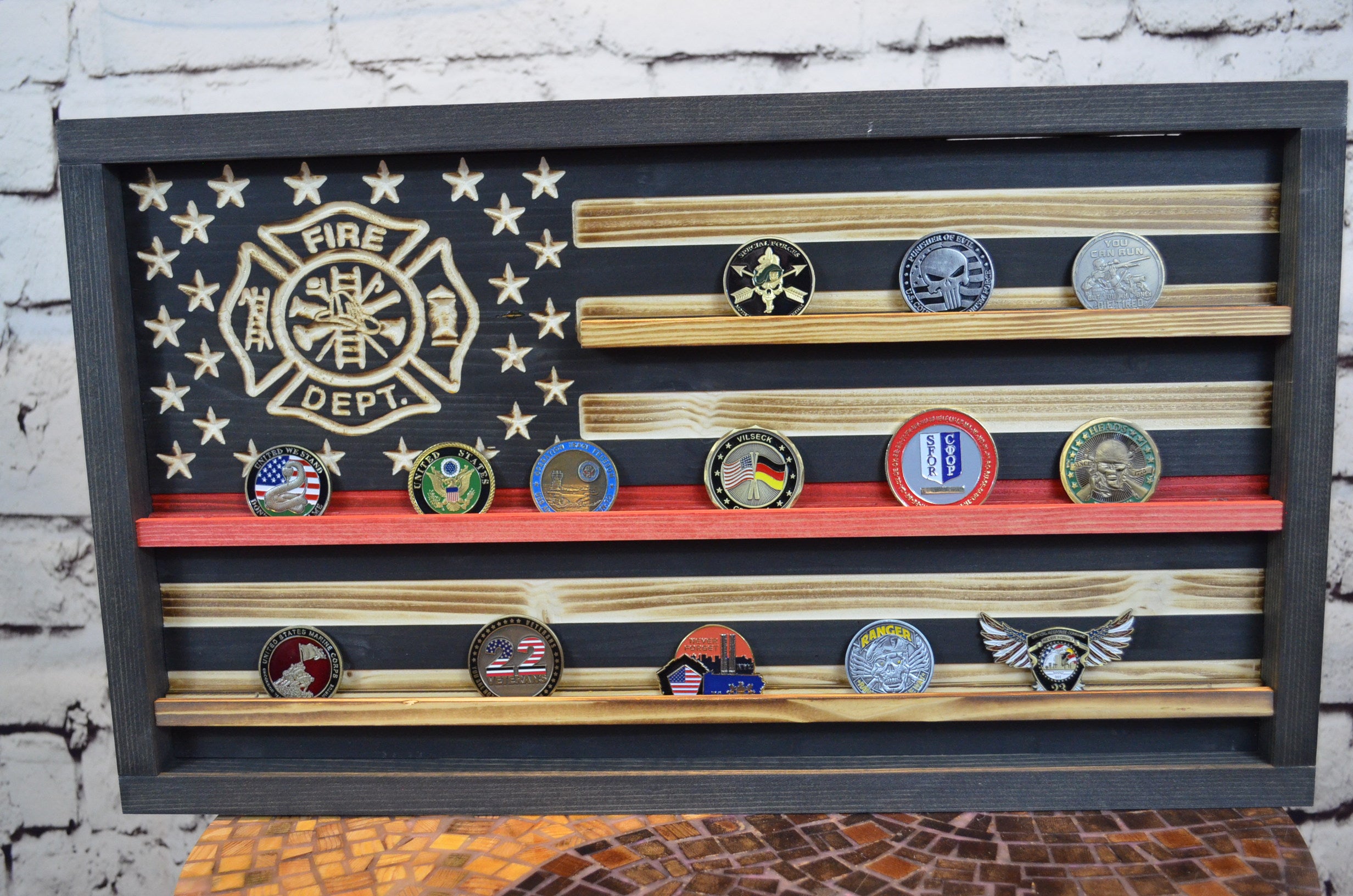 Thin Red Line Maltese Cross Coin Display Rack Holder - Rustic Firefighter Maltese Cross American Flag Coin Display