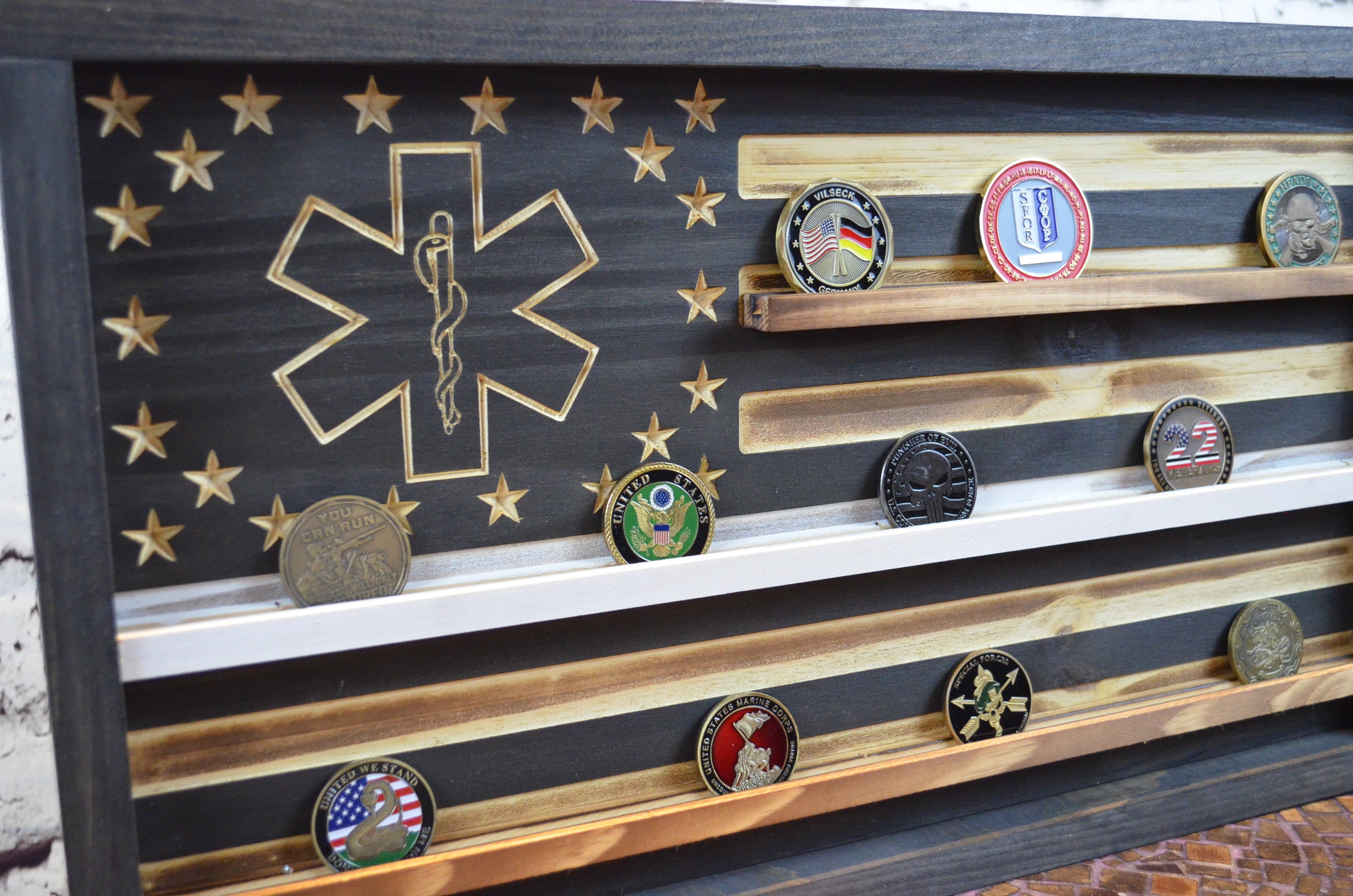 Thin White Line EMT Coin Display Rack Holder - Rustic Paramedic American Flag Coin Display