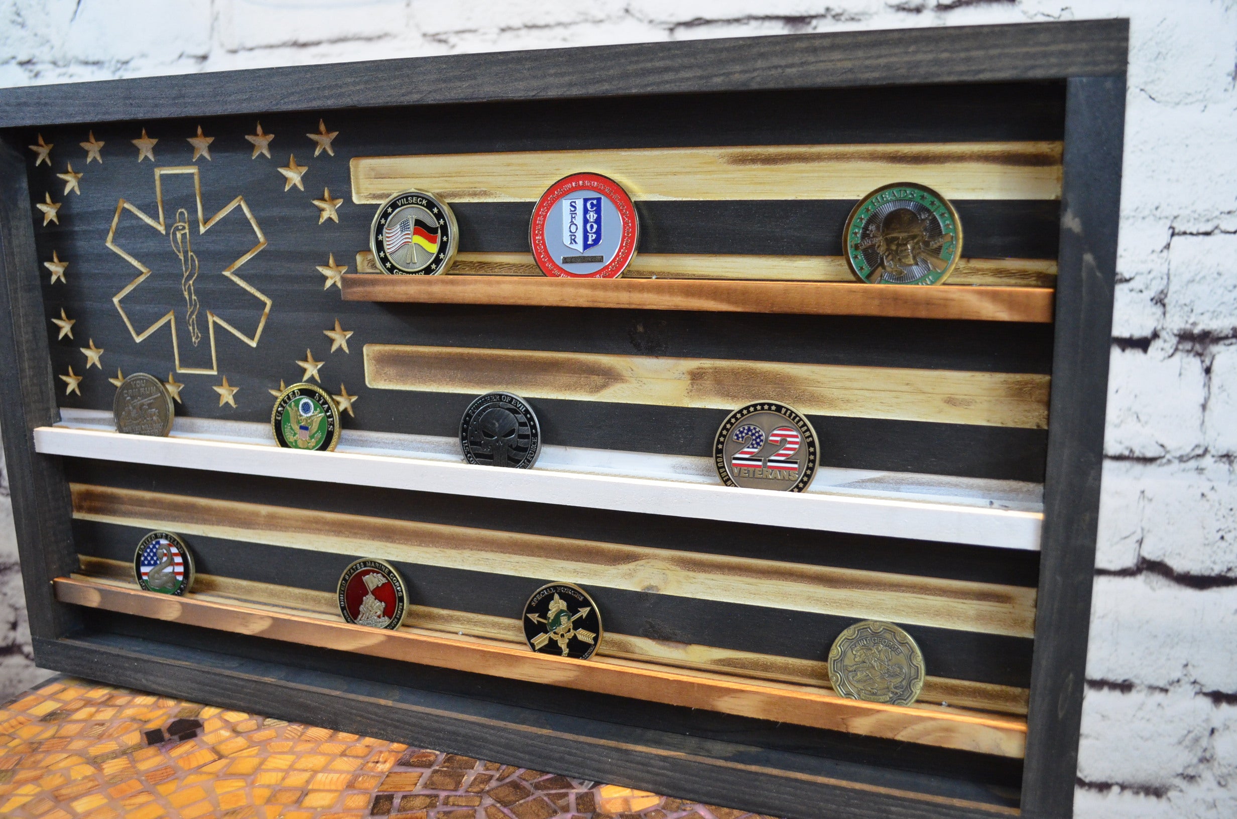 Thin White Line EMT Coin Display Rack Holder - Rustic Paramedic American Flag Coin Display