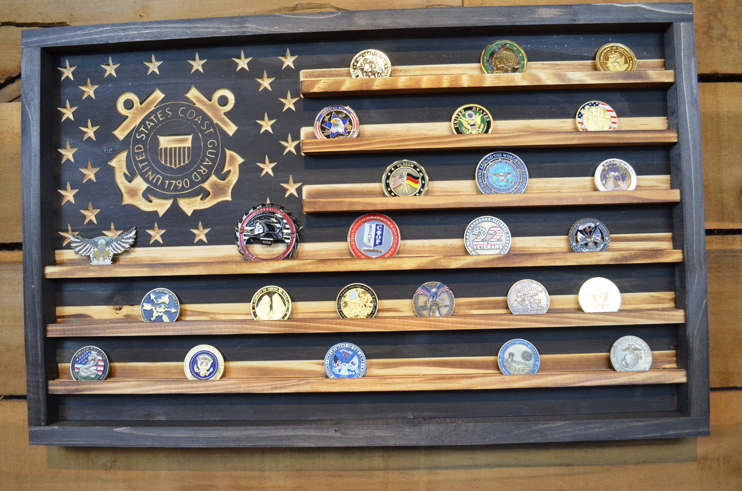 US Coast Guard Challenge Coin Display Rack Holder - Rustic Marines American Flag - Military Coin Display