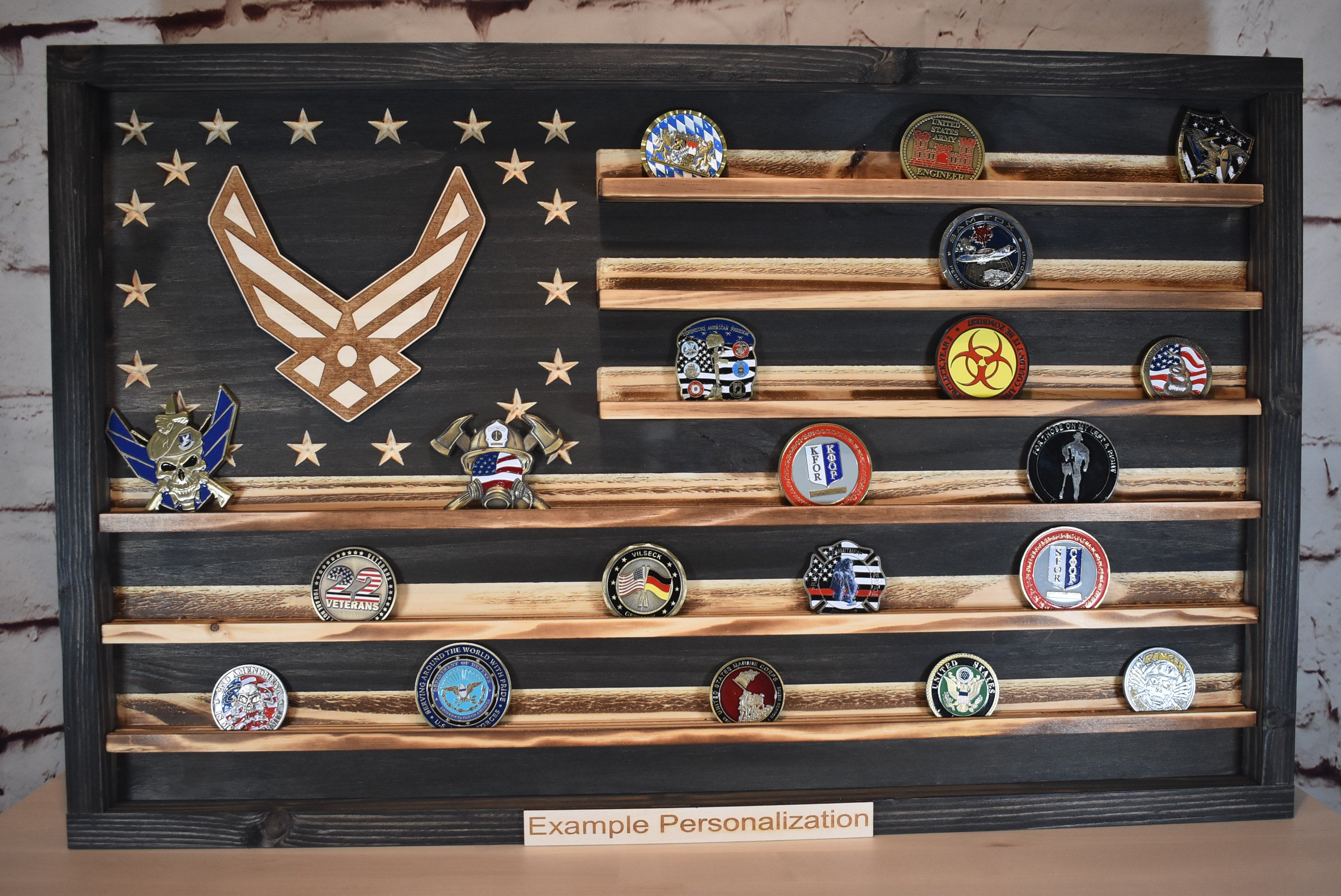 US Air Force Challenge Coin Display Rack Holder - Rustic American Flag - USAF Military Coin Display