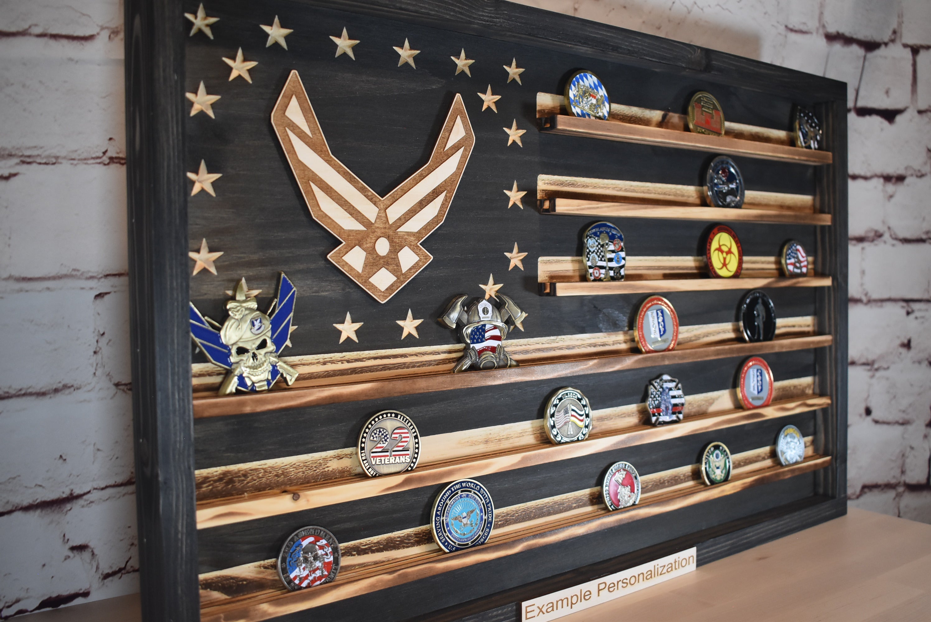 US Air Force Challenge Coin Display Rack Holder - Rustic American Flag - USAF Military Coin Display