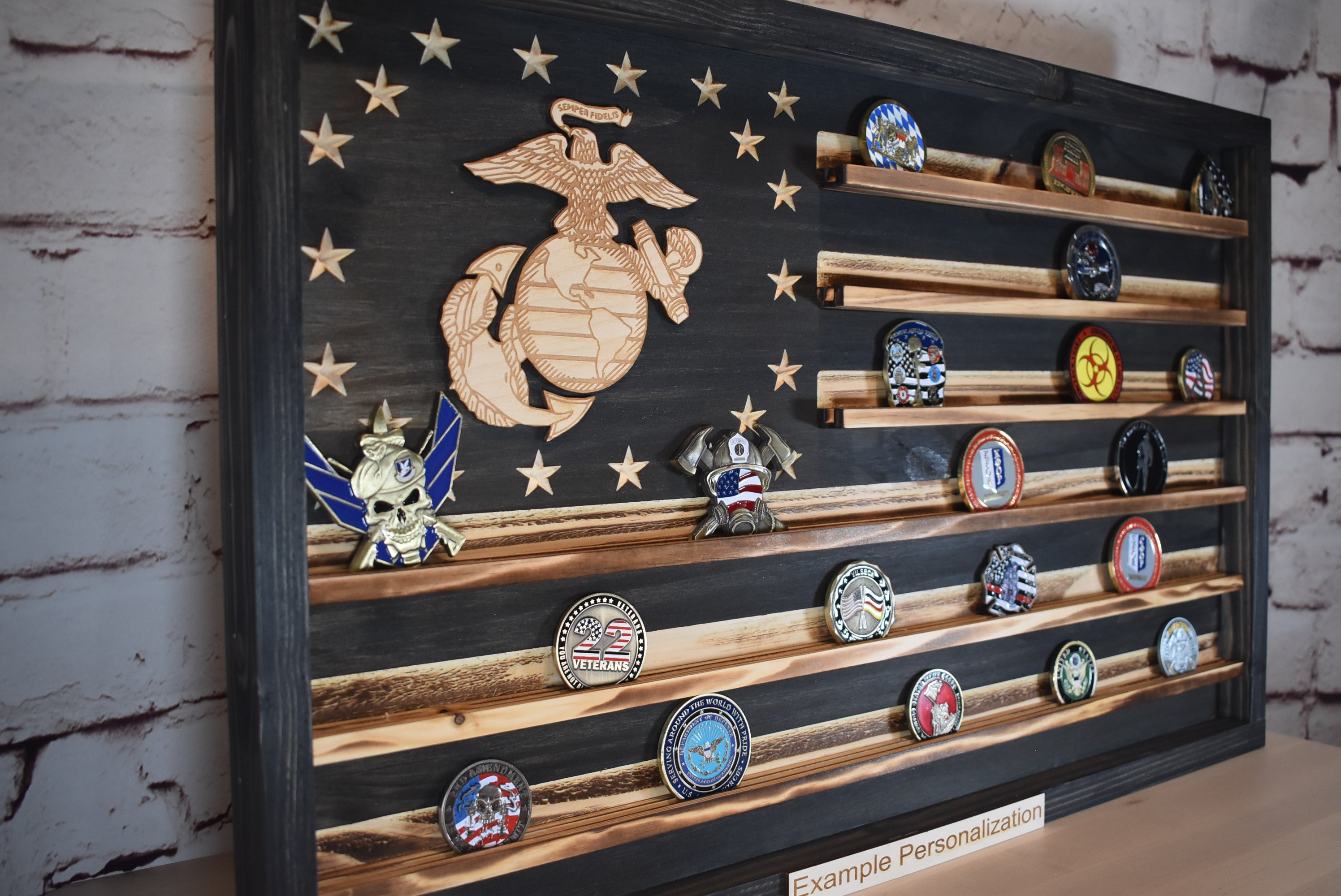 Marines Challenge Coin Display Rack Holder - Rustic Devil Dog American Flag - Military Coin Display - Semper Fi