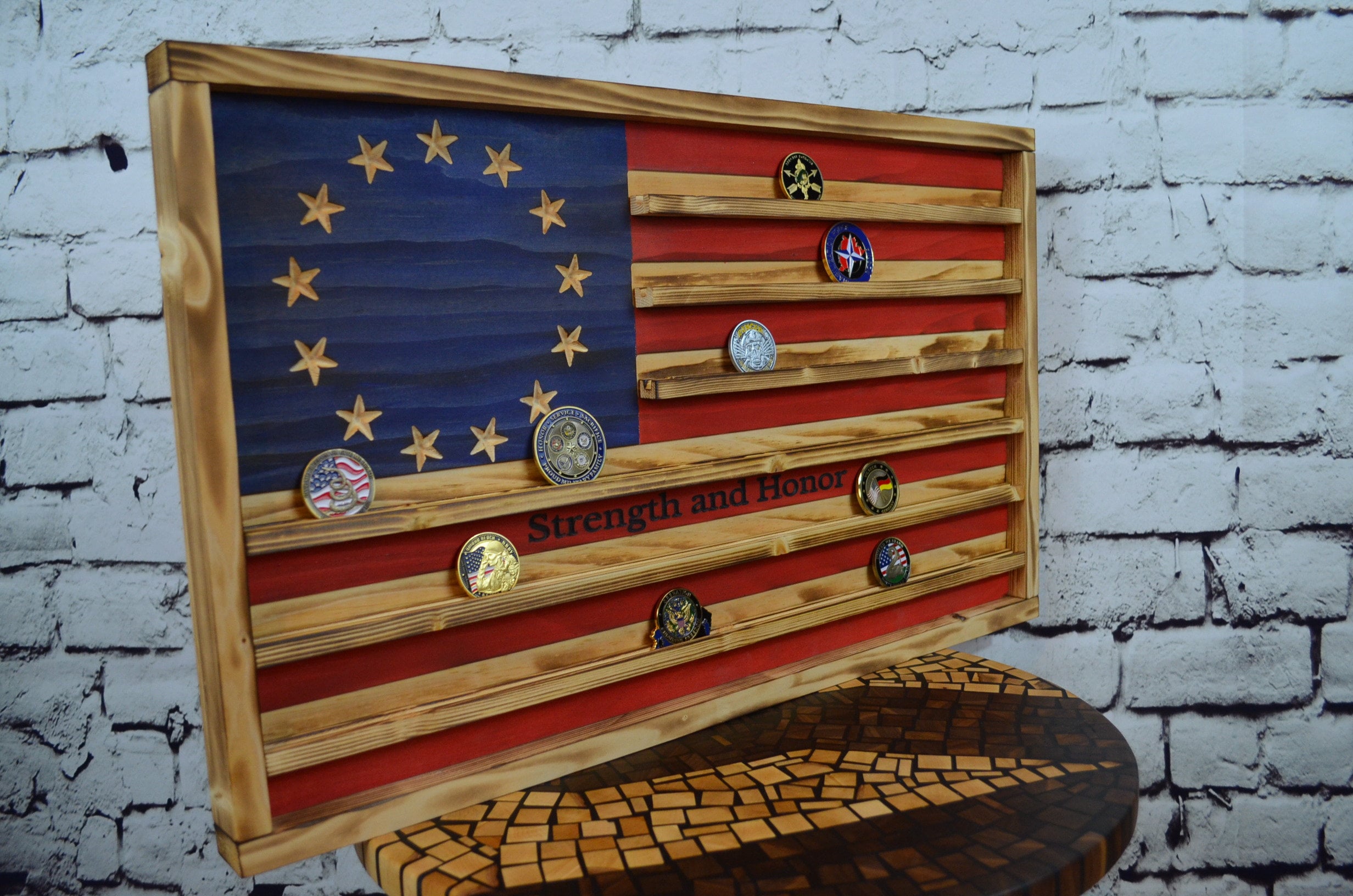 Betsy Ross Challenge Coin Display Rack Holder - Rustic American Flag - Military Coin Display