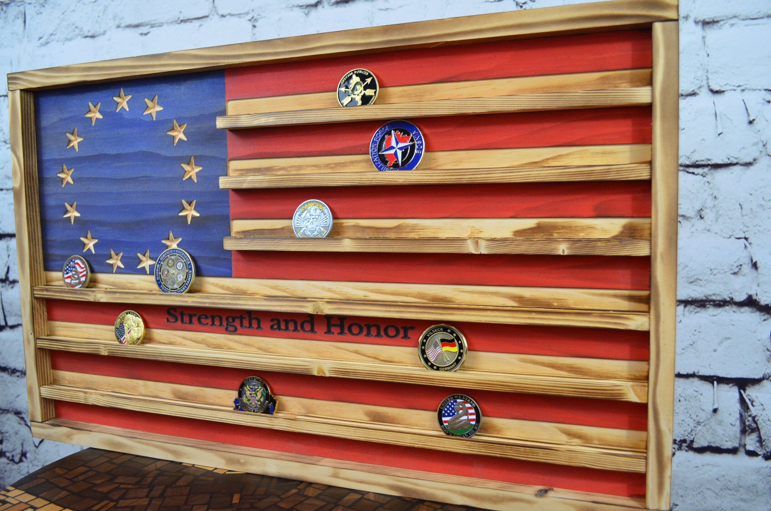 Betsy Ross Challenge Coin Display Rack Holder - Rustic American Flag - Military Coin Display