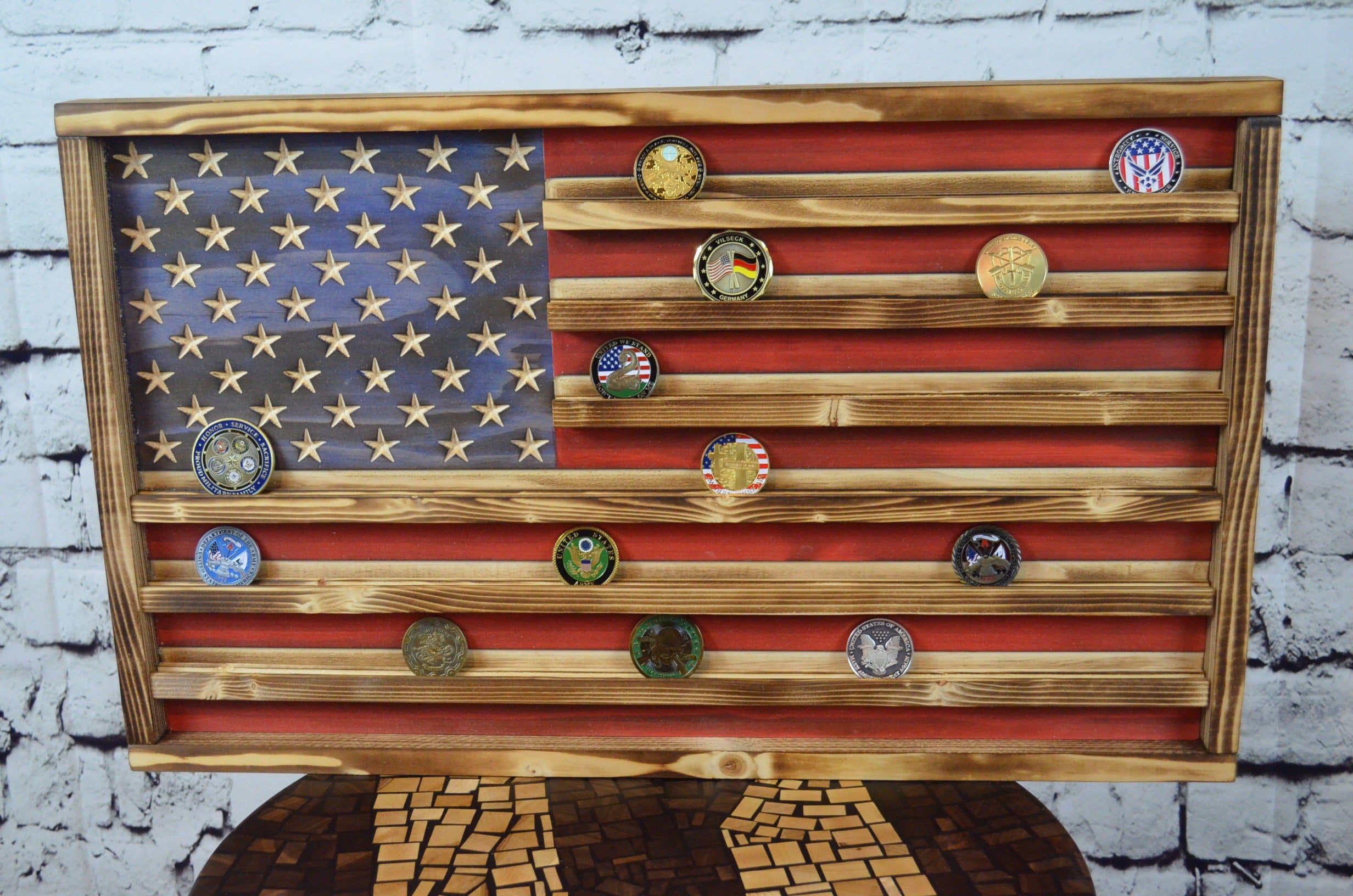 Custom Challenge Coin Display Rack Holder - Rustic American Flag - Military Coin Display