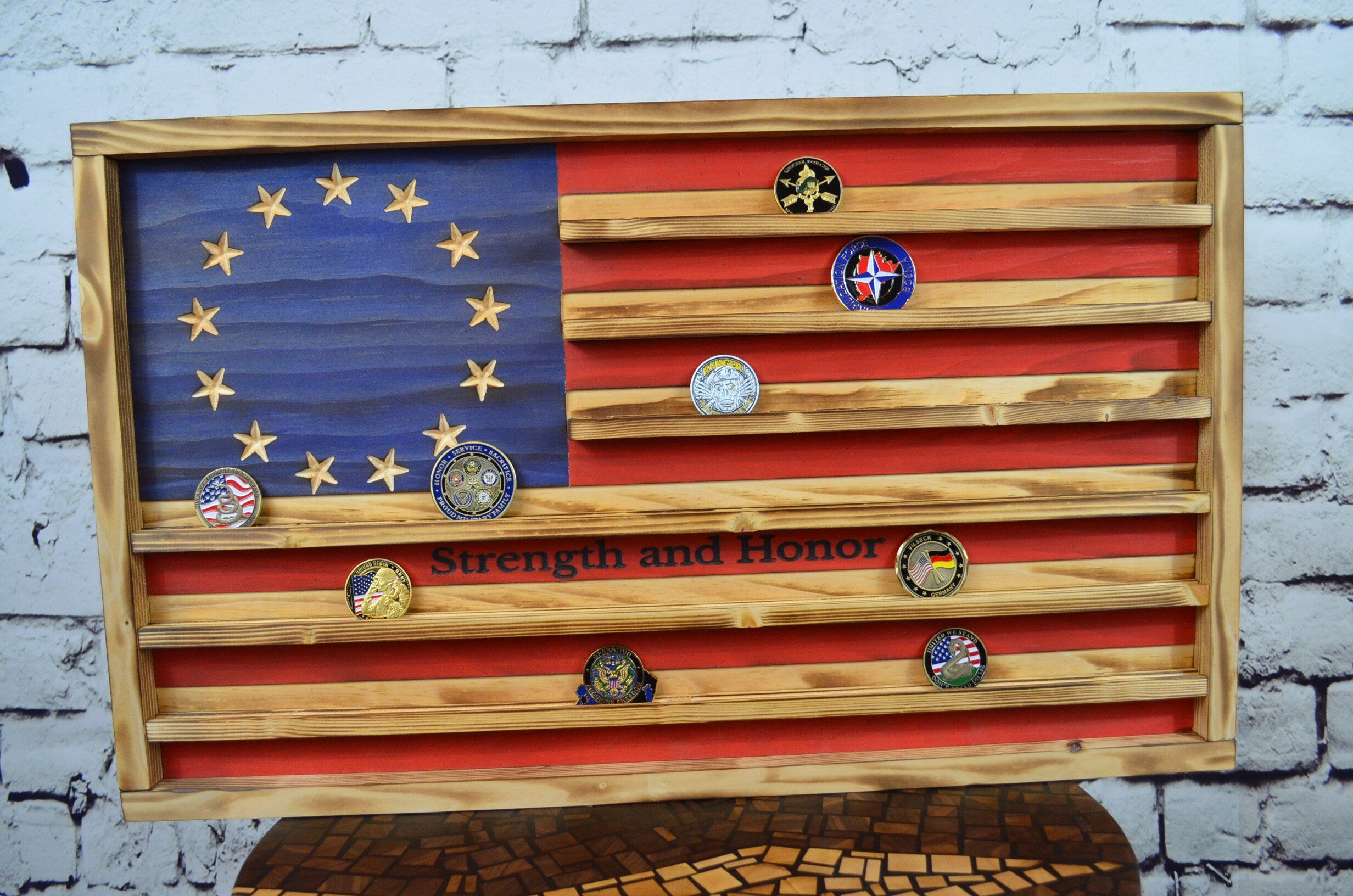 Betsy Ross Challenge Coin Display Rack Holder - Rustic American Flag - Military Coin Display