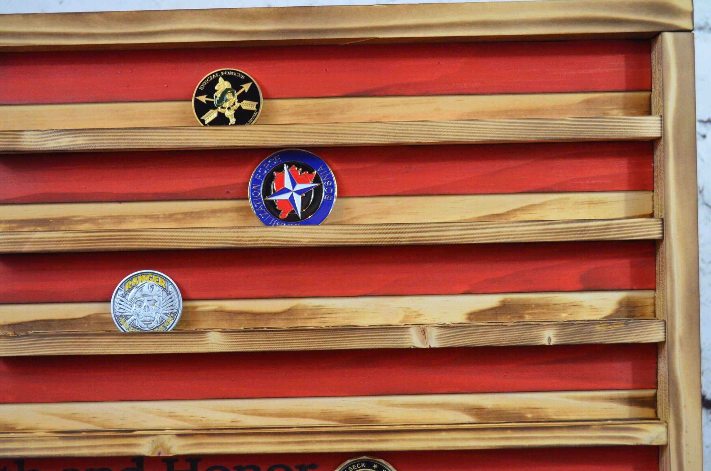 Betsy Ross Challenge Coin Display Rack Holder - Rustic American Flag - Military Coin Display