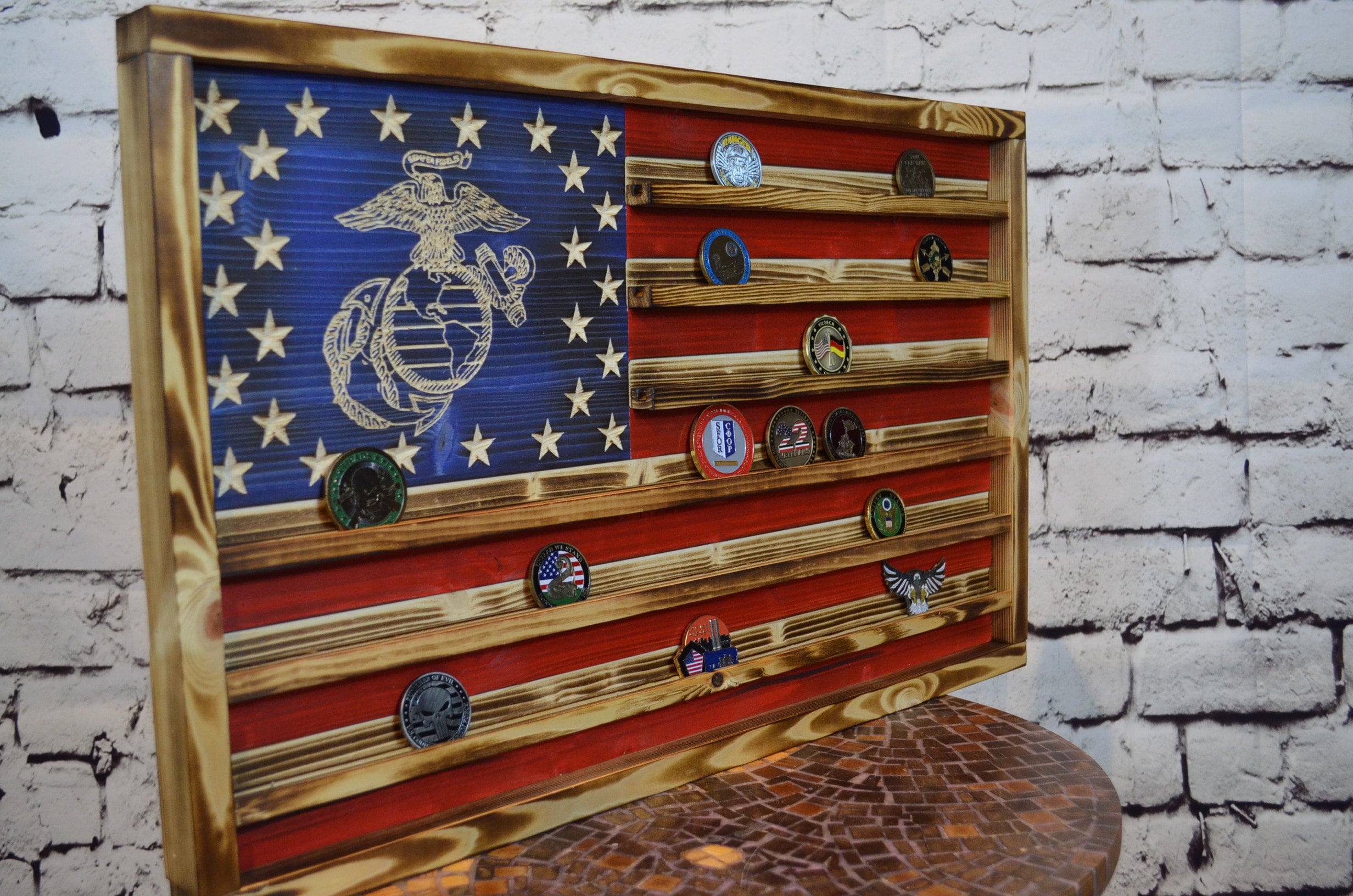 Marines Challenge Coin Display Rack Holder - Rustic Marines American Flag - Military Coin Display