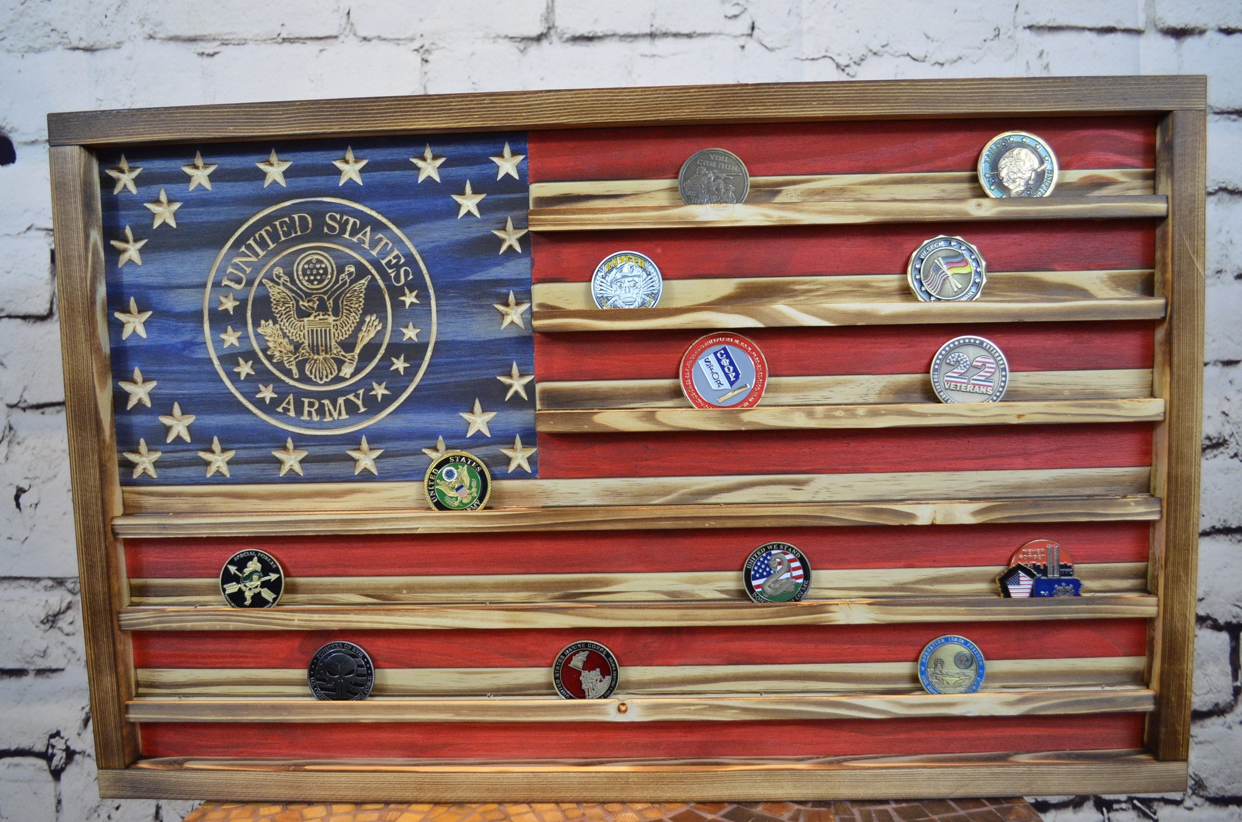 Army Challenge Coin Display Rack Holder - Rustic Army American Flag - Military Coin Display