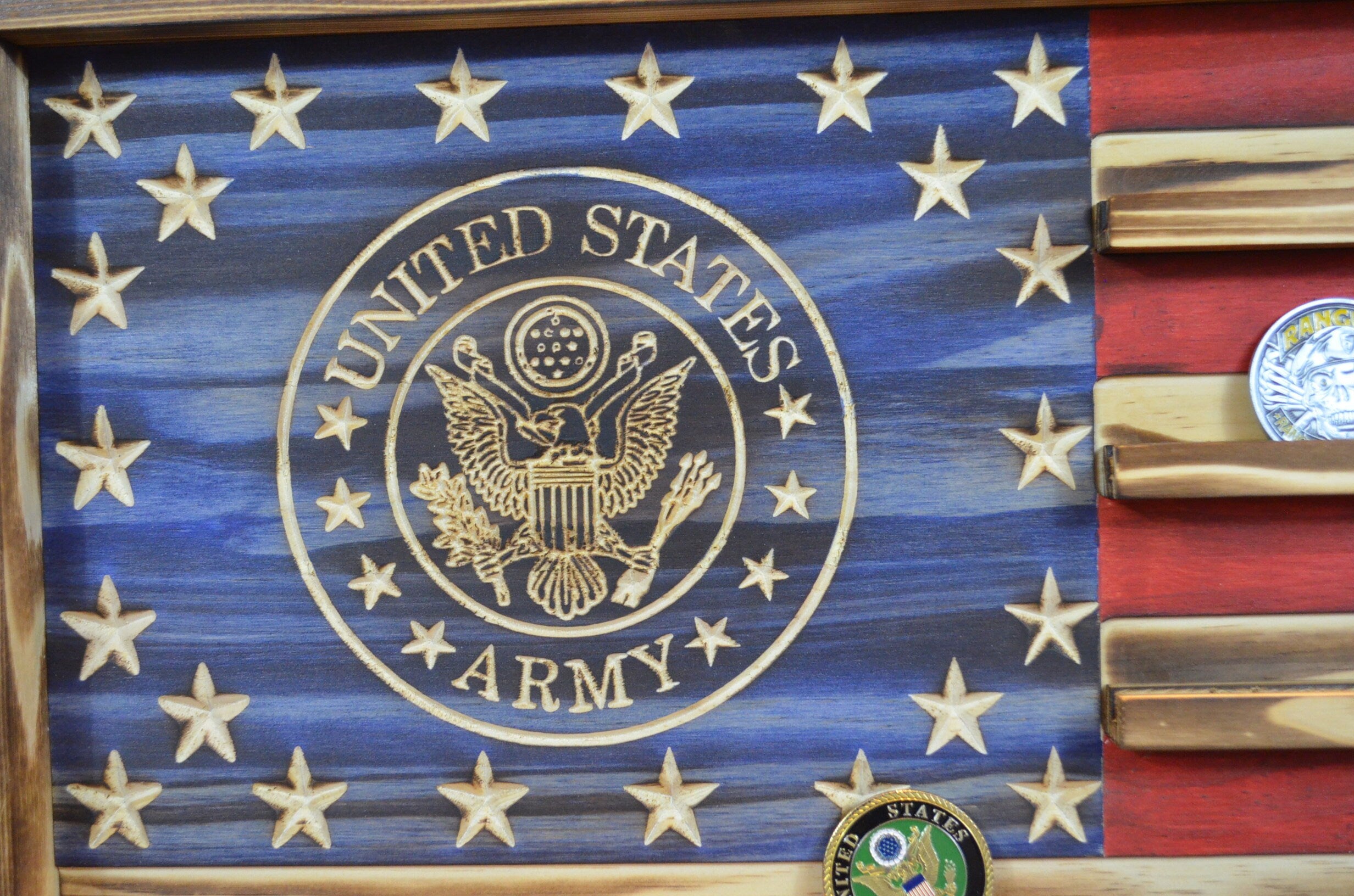 Army Challenge Coin Display Rack Holder - Rustic Army American Flag - Military Coin Display