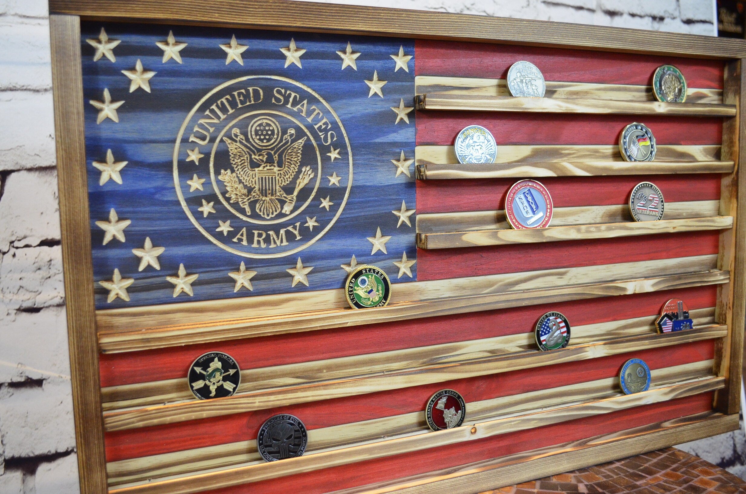 Army Challenge Coin Display Rack Holder - Rustic Army American Flag - Military Coin Display