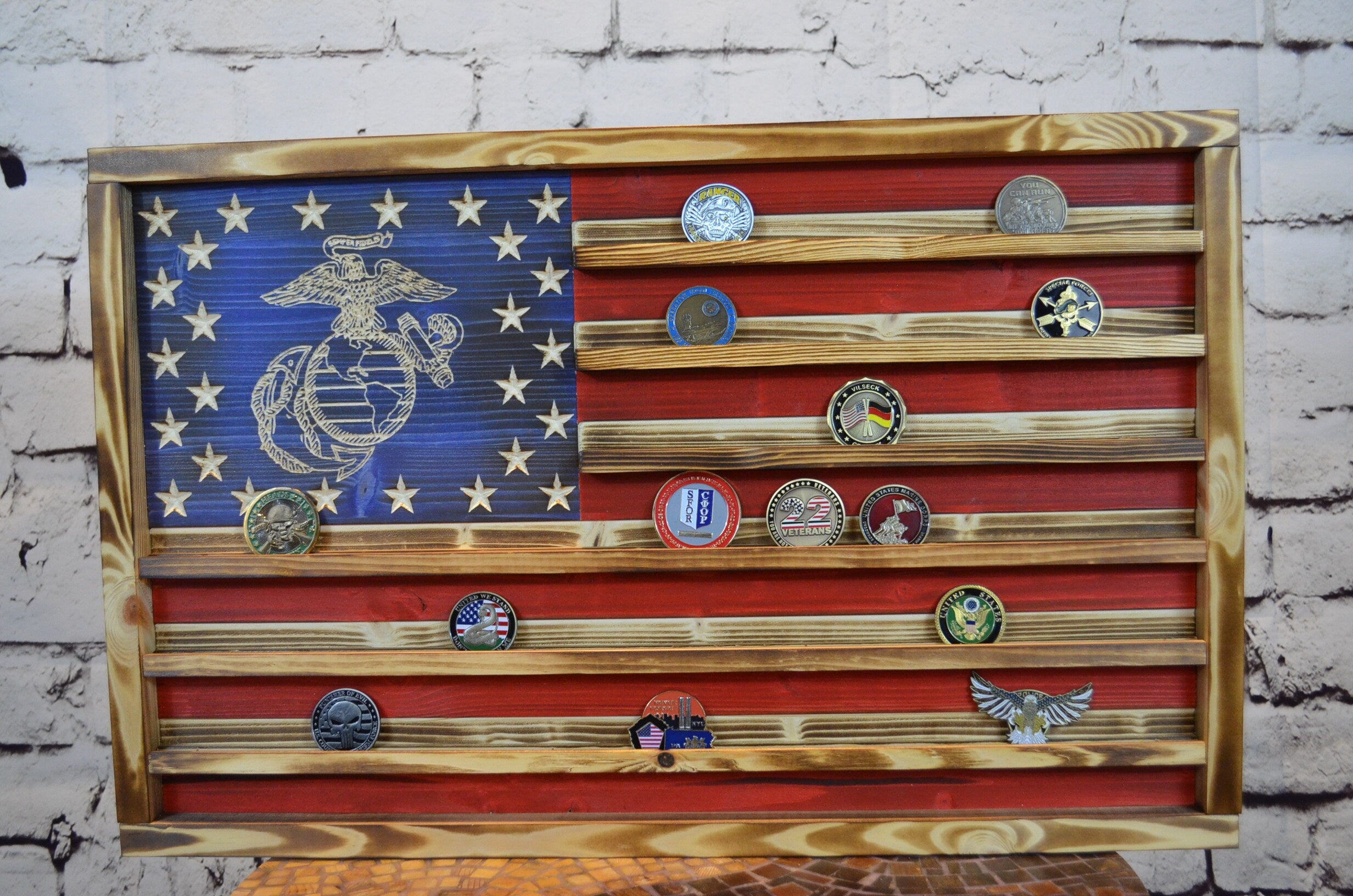 Marines Challenge Coin Display Rack Holder - Rustic Marines American Flag - Military Coin Display