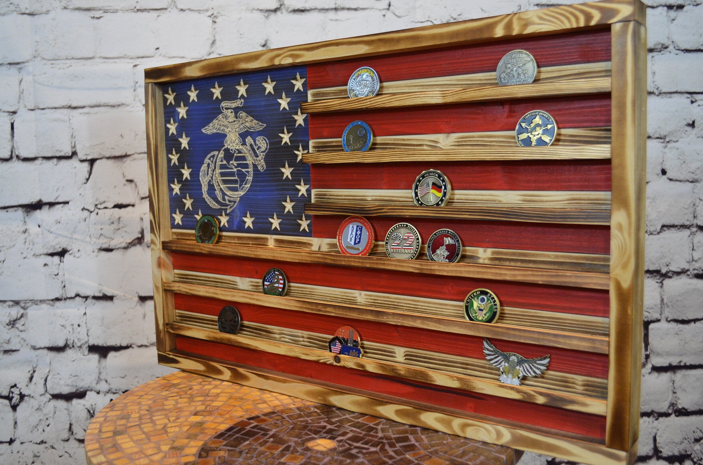 Marines Challenge Coin Display Rack Holder - Rustic Marines American Flag - Military Coin Display