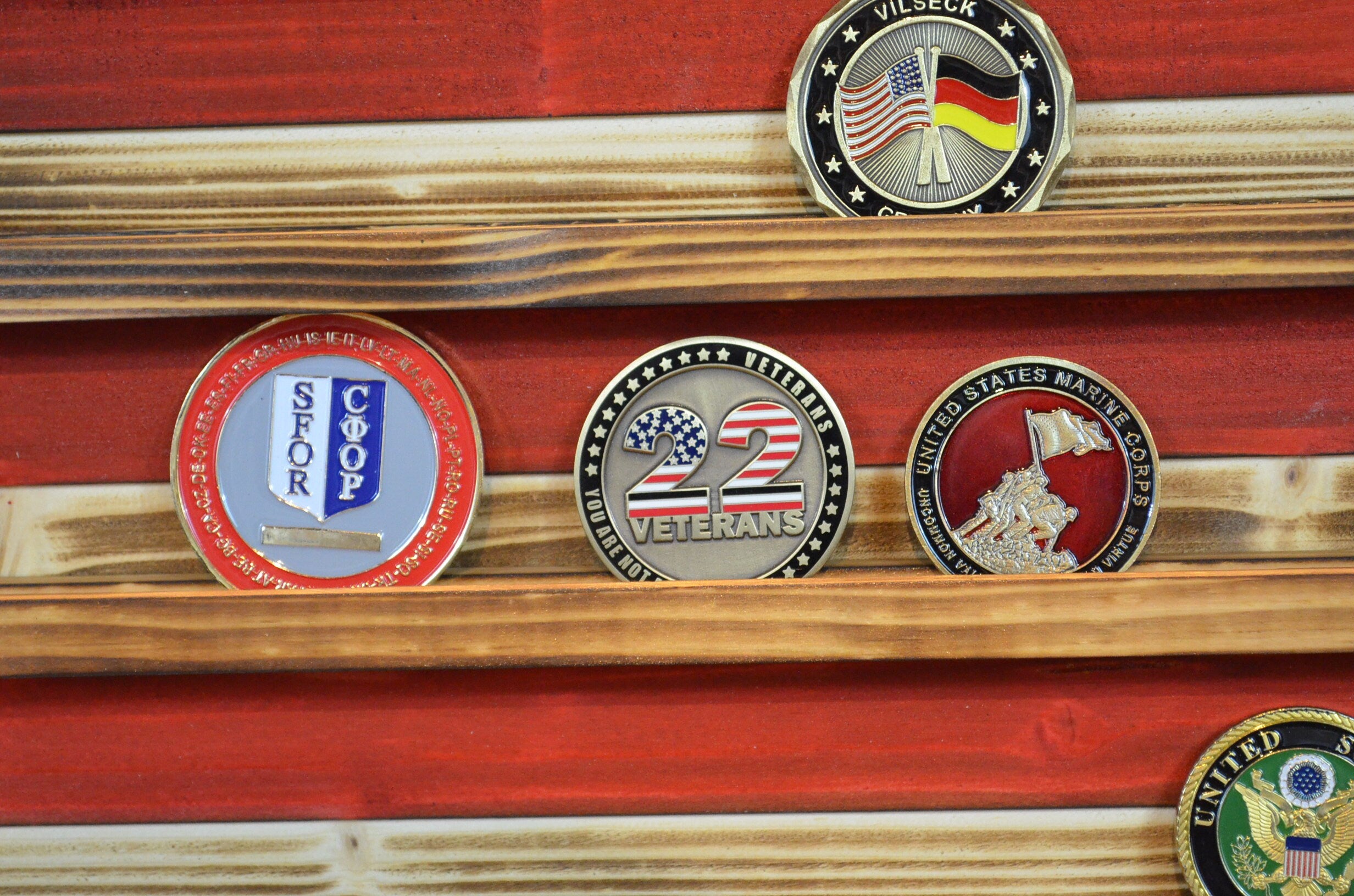 Space Force Challenge Coin Display Rack Holder - Rustic Air Force Space Force American Flag - Military Coin Display - Laser engraved emblem