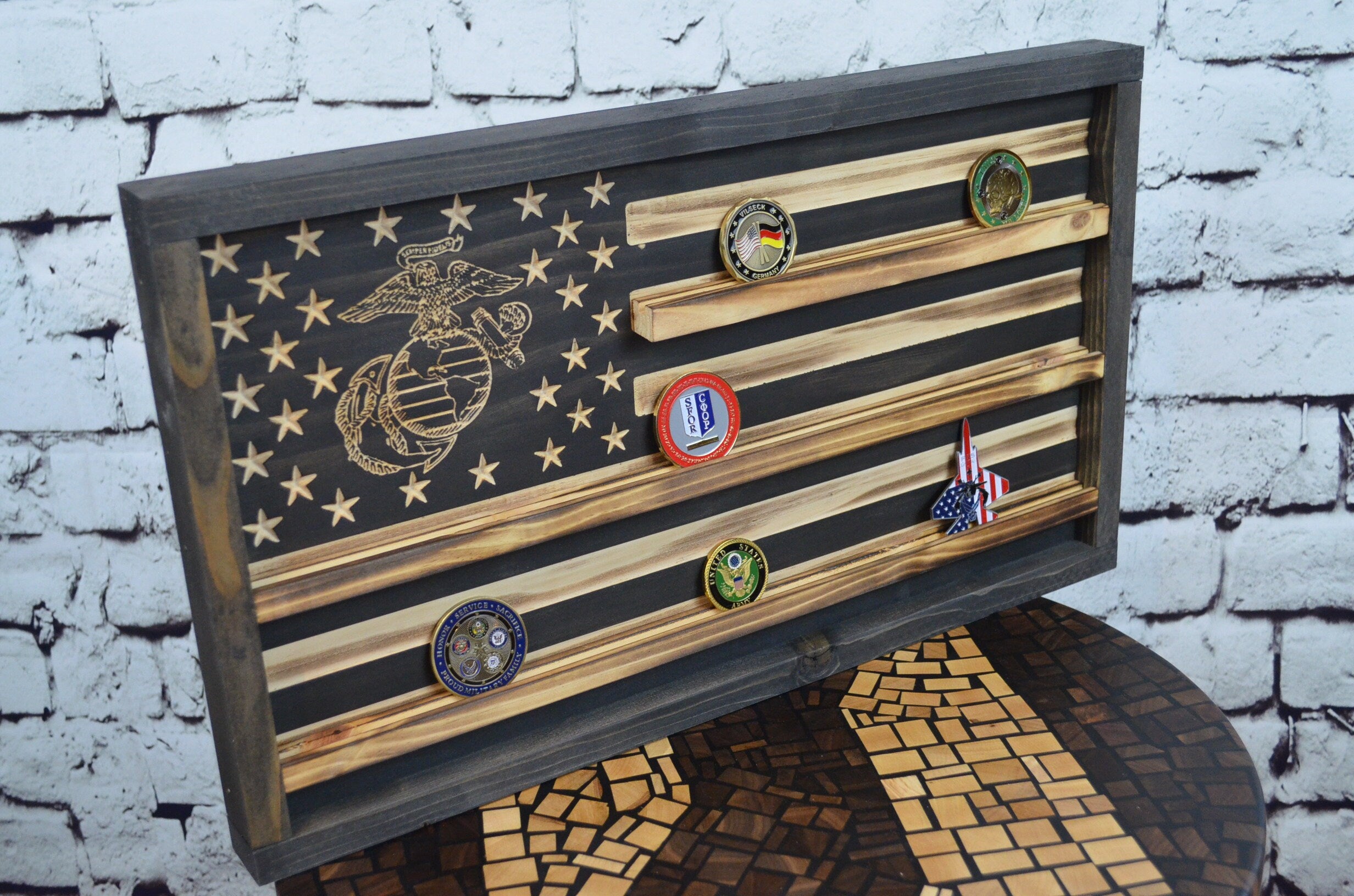 Marines Challenge Coin Display Rack Holder - Rustic Marines American Flag - Military Coin Display