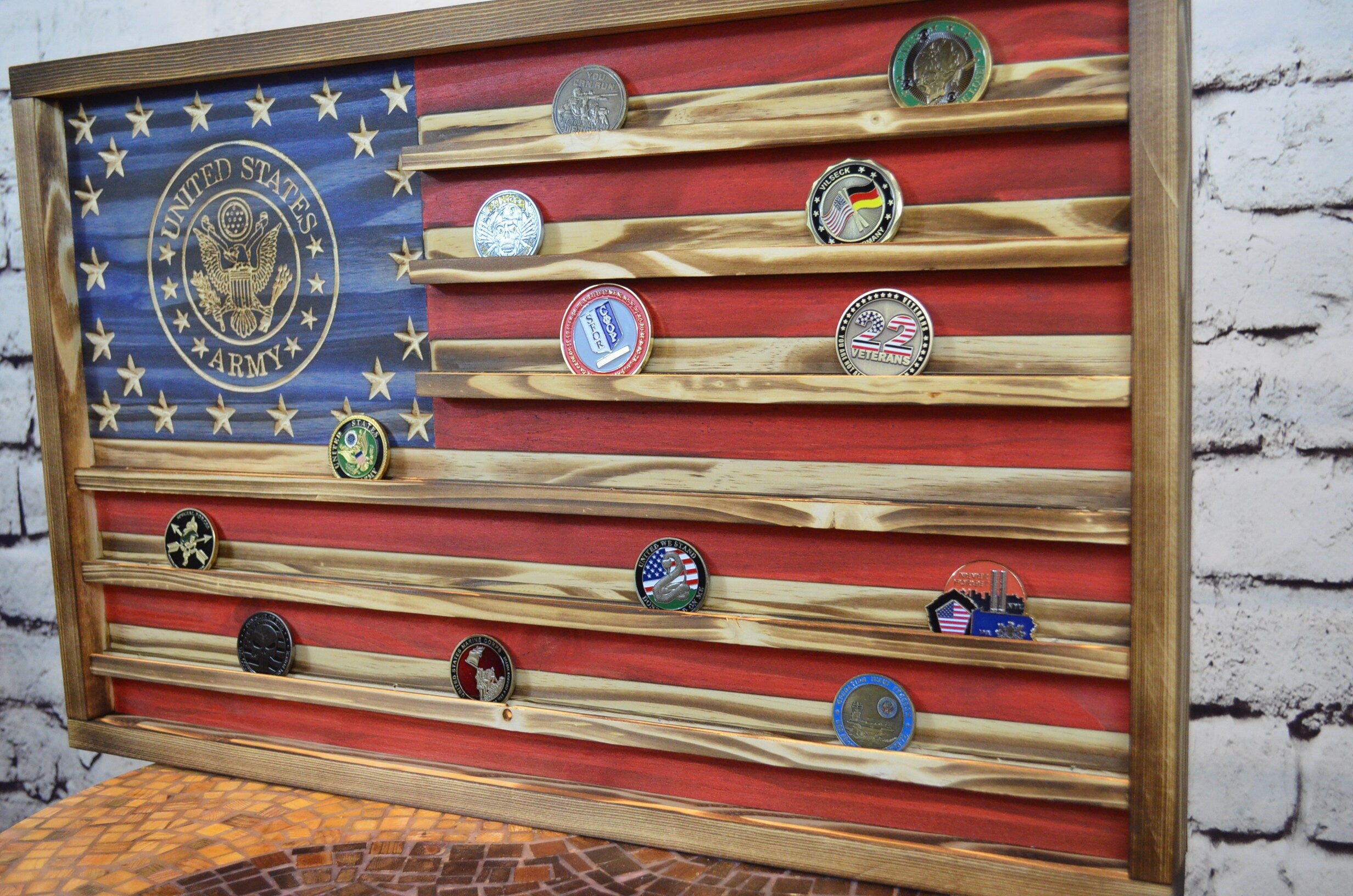 Army Challenge Coin Display Rack Holder - Rustic Army American Flag - Military Coin Display