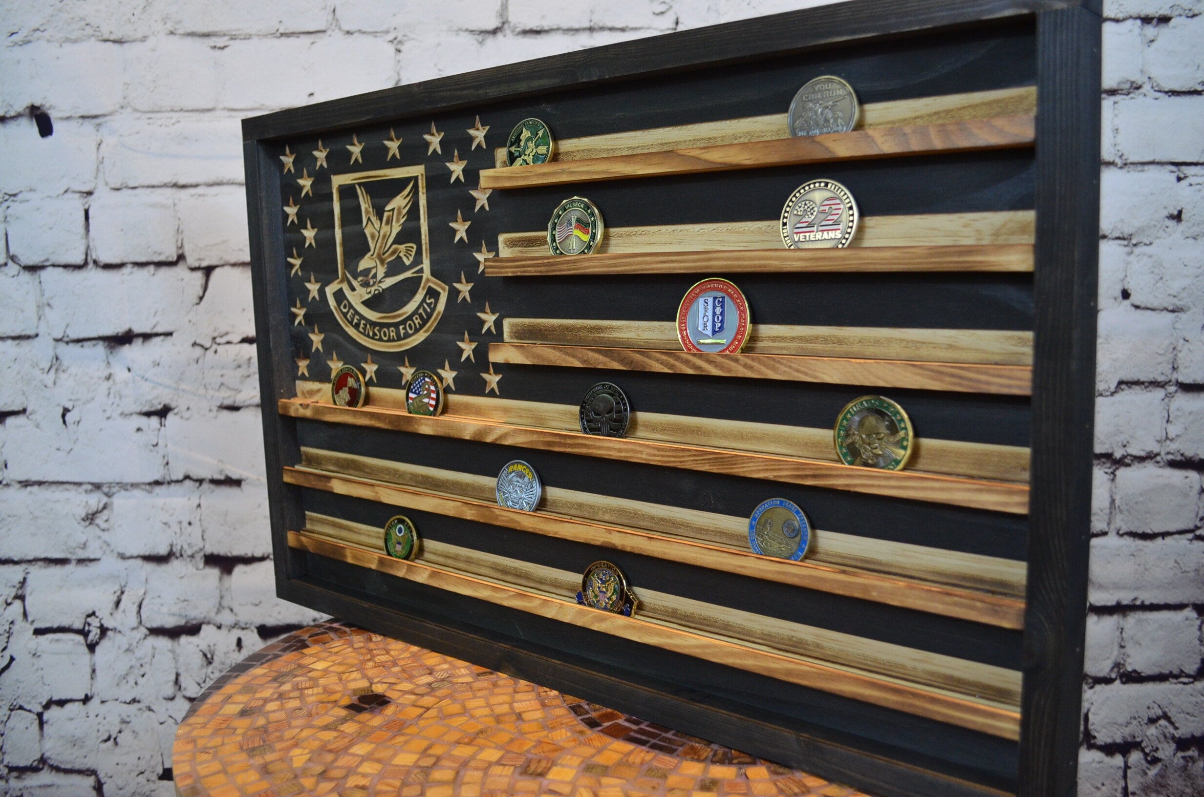 Air Force Defensor Fortis Coin Display Rack Holder - Rustic Air Force American Flag Coin Display