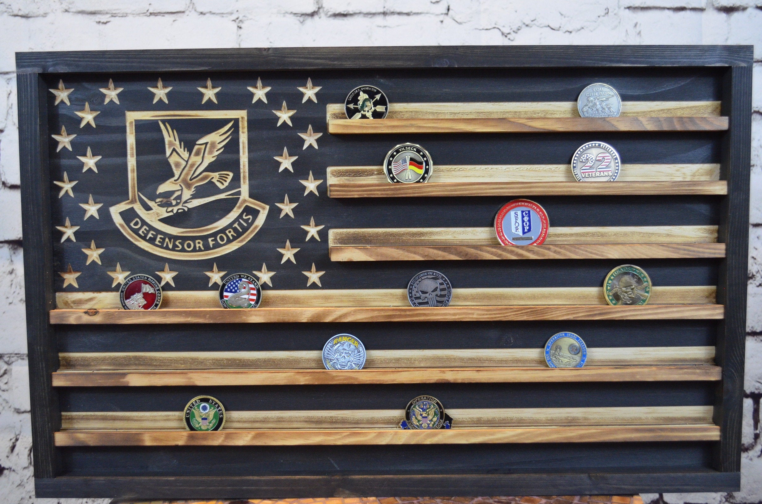 Air Force Defensor Fortis Coin Display Rack Holder - Rustic Air Force American Flag Coin Display