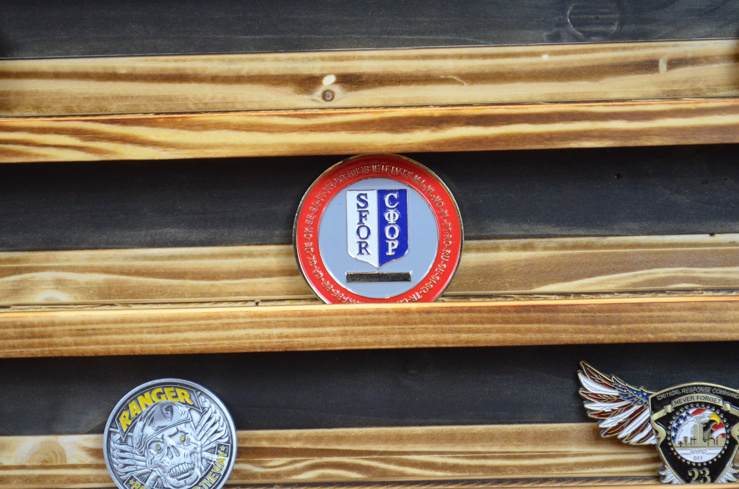 Space Force Challenge Coin Display Rack Holder - Rustic Air Force Space Force American Flag - Military Coin Display - Laser engraved emblem