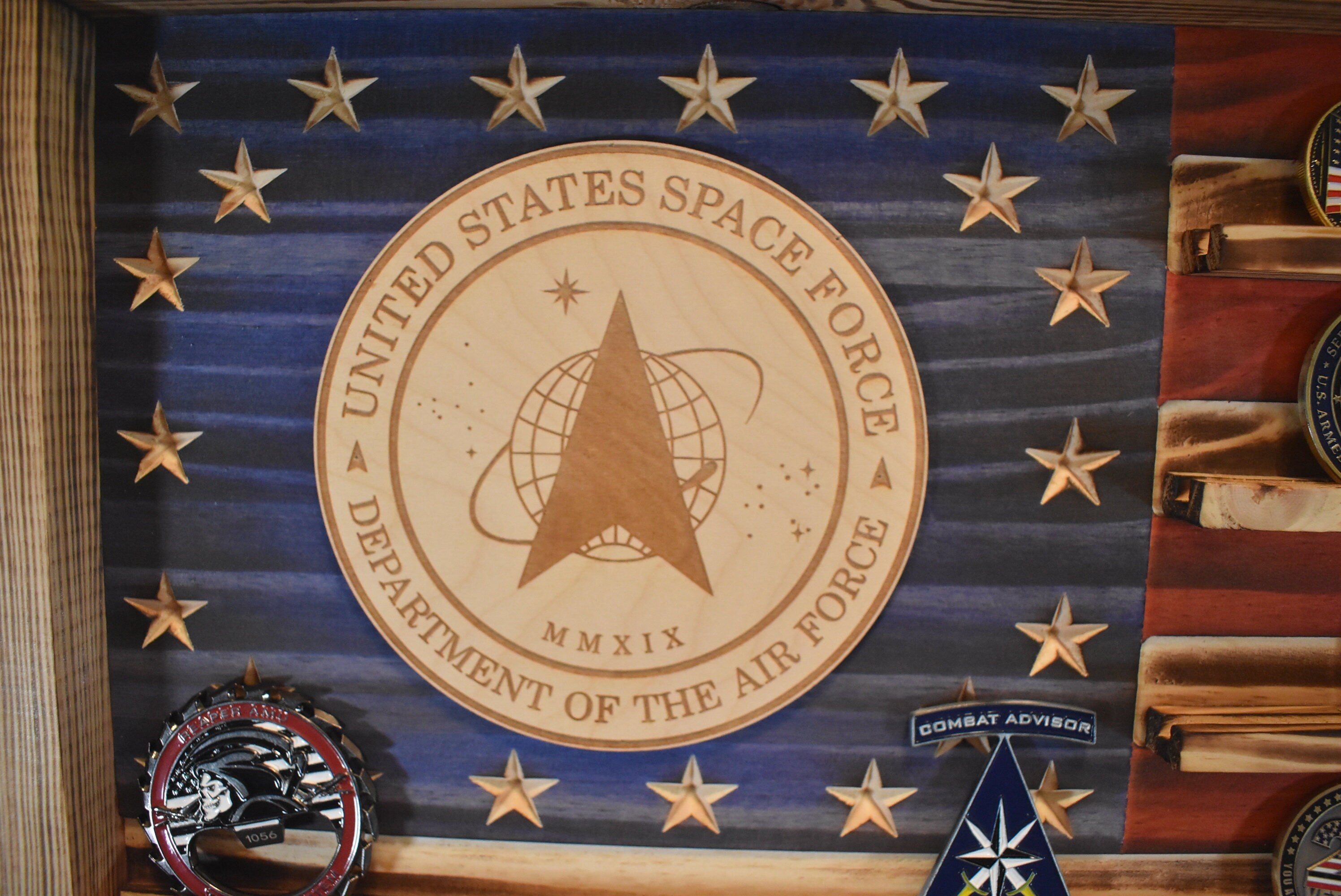 Space Force Challenge Coin Display Rack Holder - Rustic Air Force Space Force American Flag - Military Coin Display - Laser engraved emblem