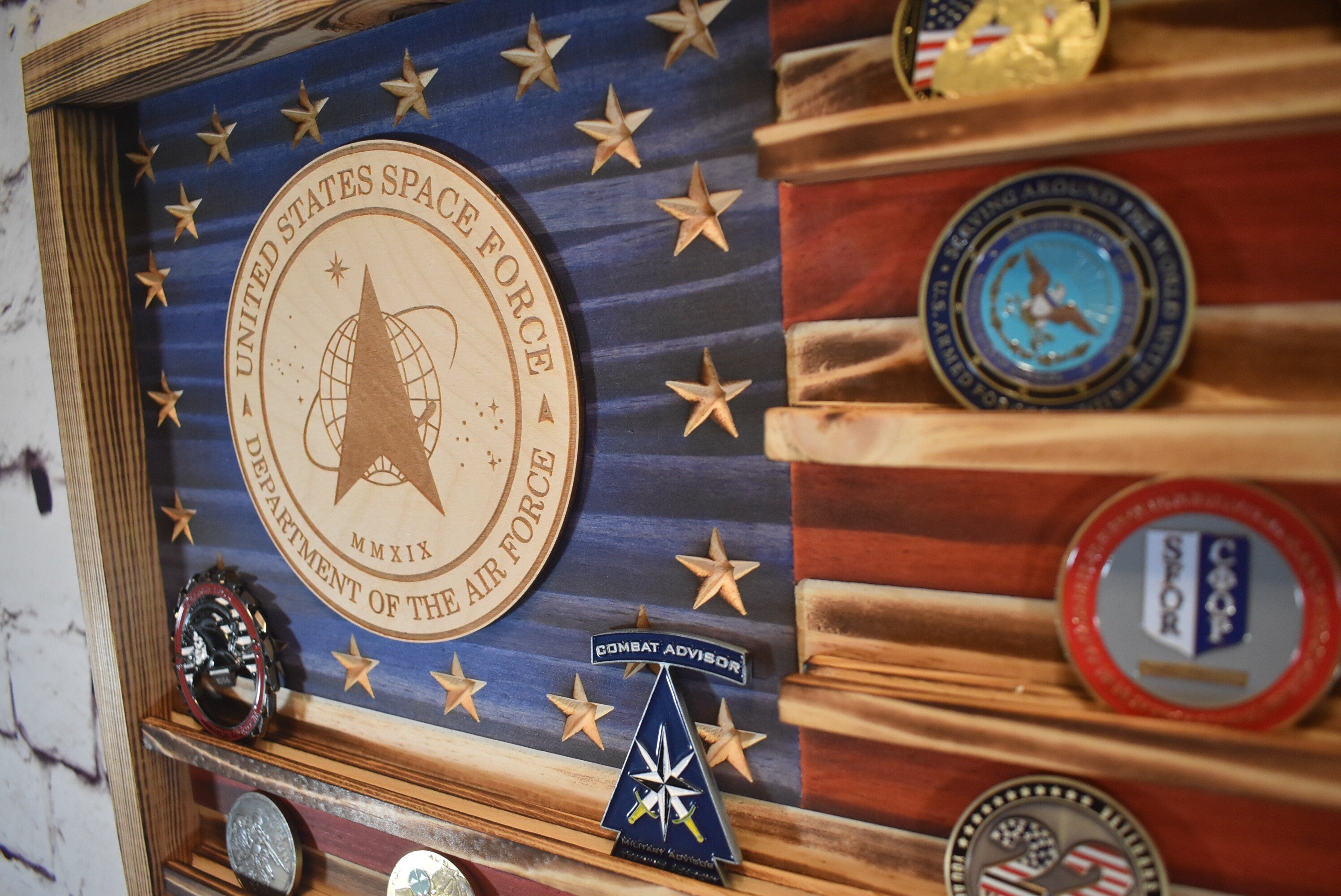 Space Force Challenge Coin Display Rack Holder - Rustic Air Force Space Force American Flag - Military Coin Display - Laser engraved emblem