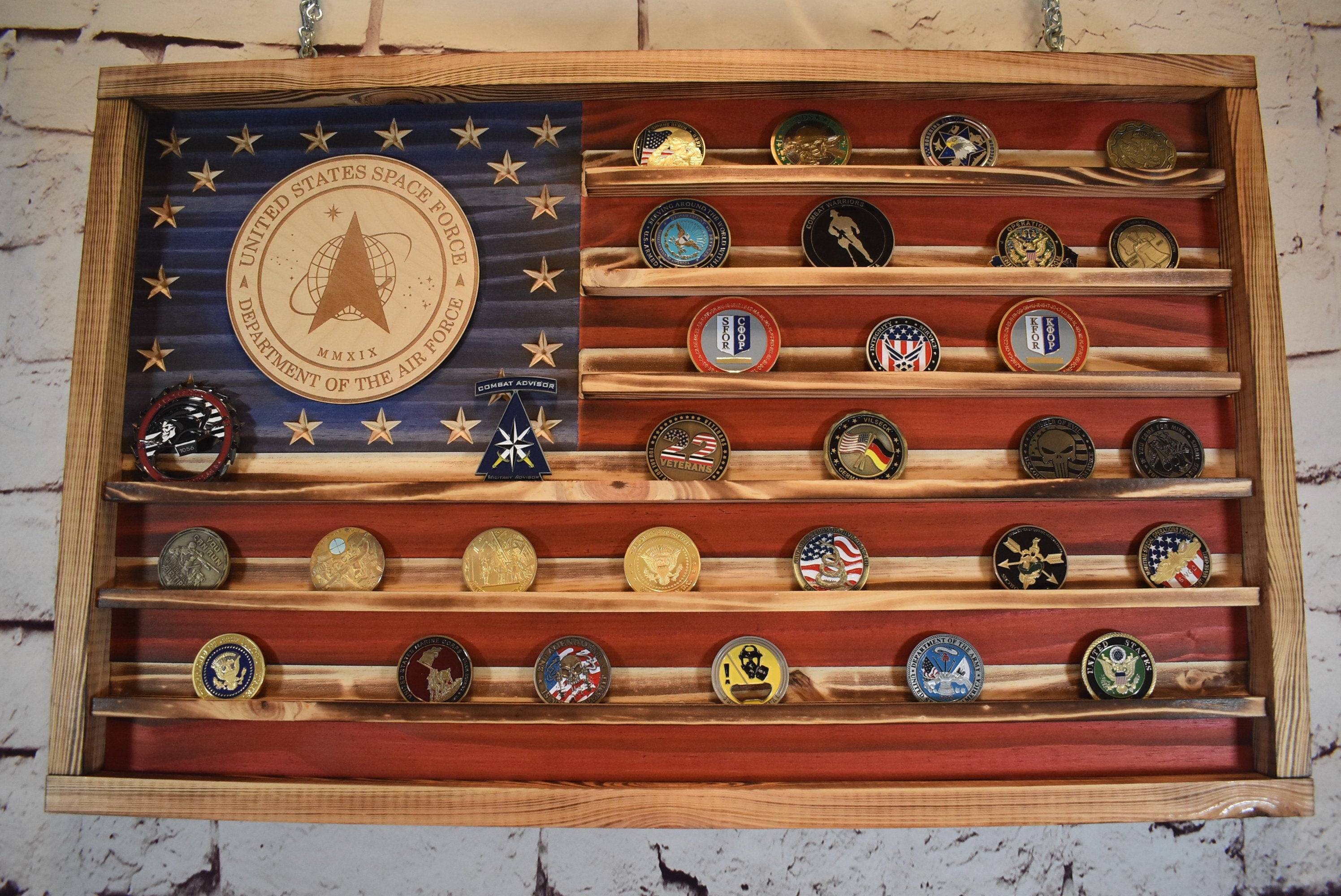 Space Force Challenge Coin Display Rack Holder - Rustic Air Force Space Force American Flag - Military Coin Display - Laser engraved emblem