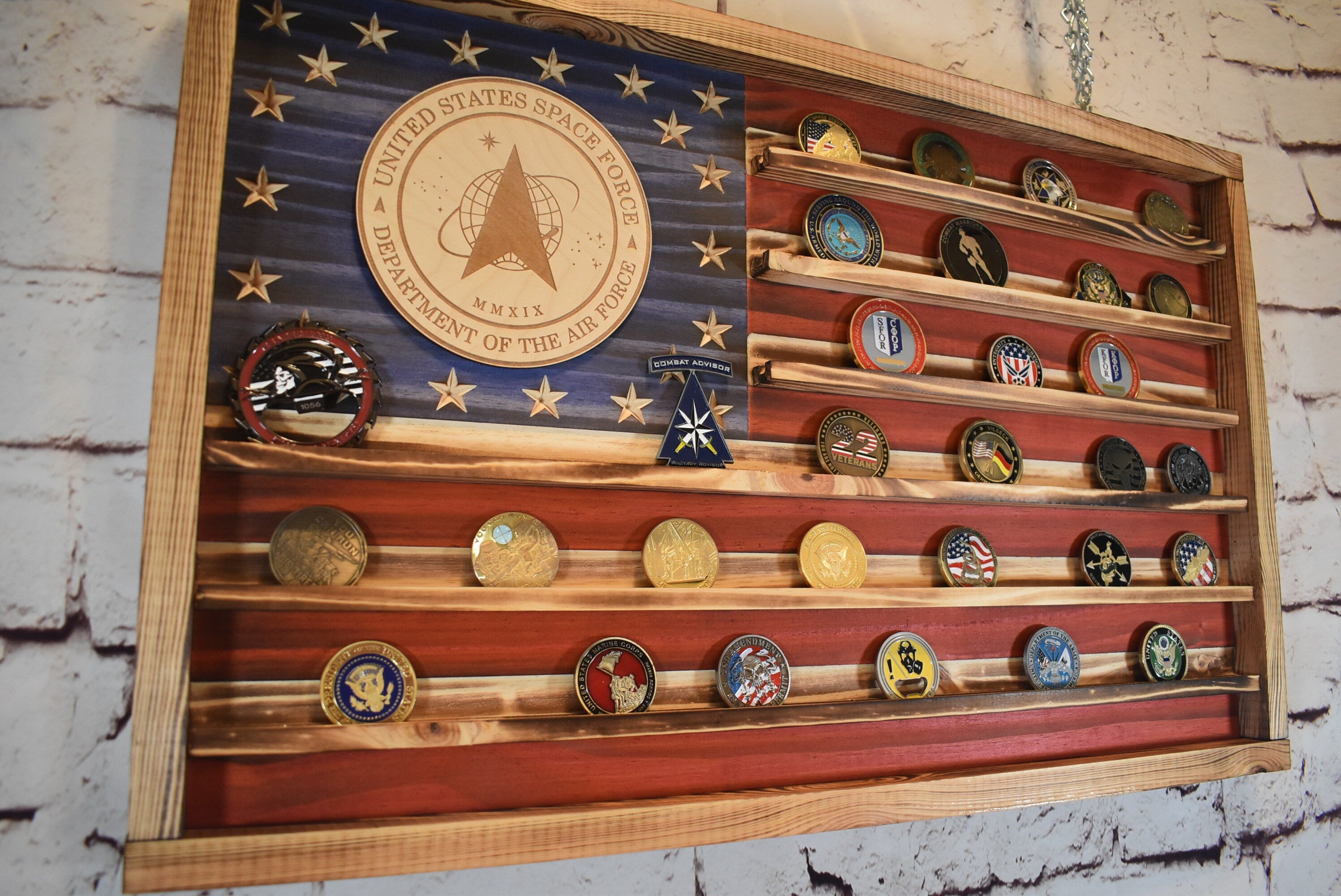 Space Force Challenge Coin Display Rack Holder - Rustic Air Force Space Force American Flag - Military Coin Display - Laser engraved emblem