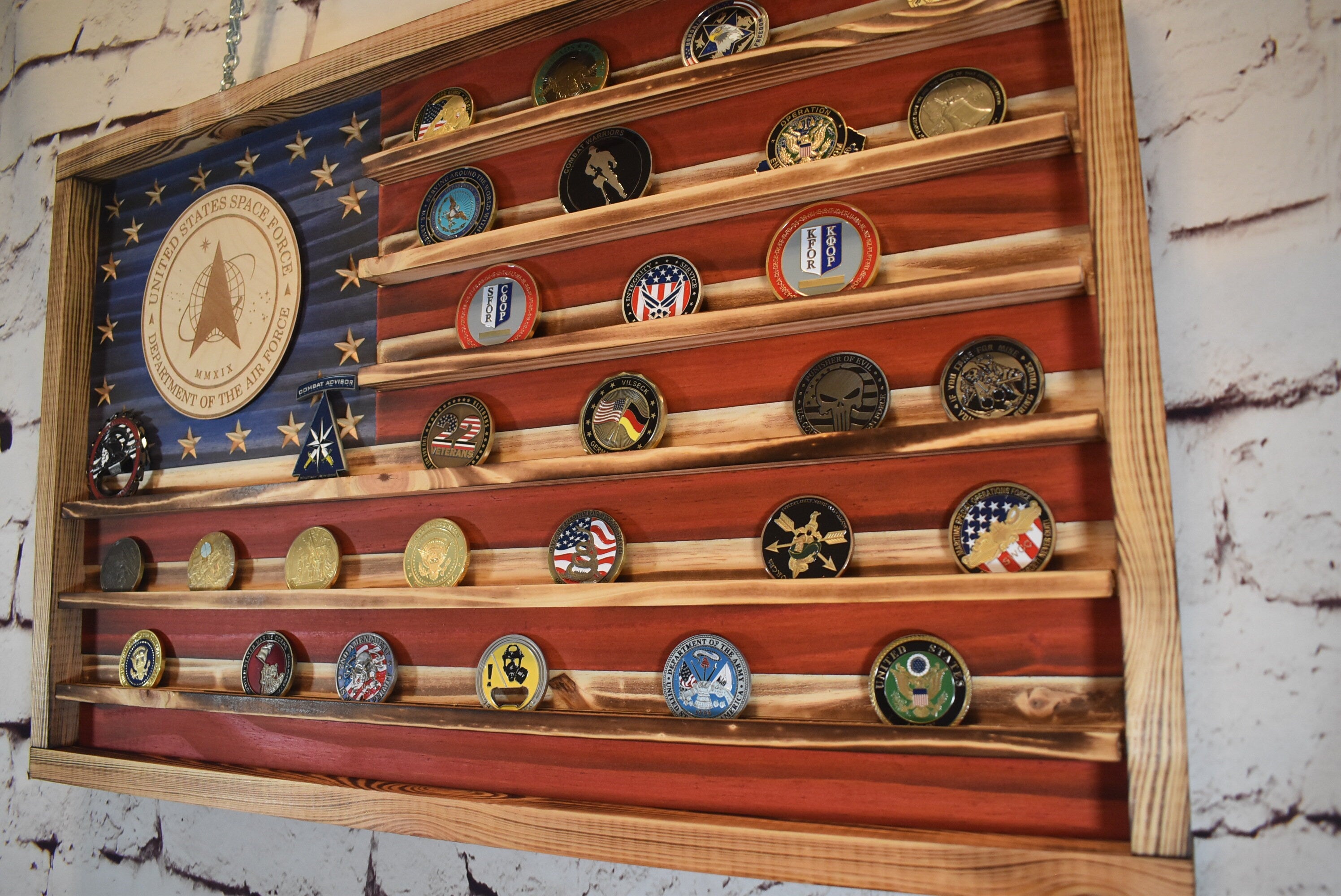 Space Force Challenge Coin Display Rack Holder - Rustic Air Force Space Force American Flag - Military Coin Display - Laser engraved emblem