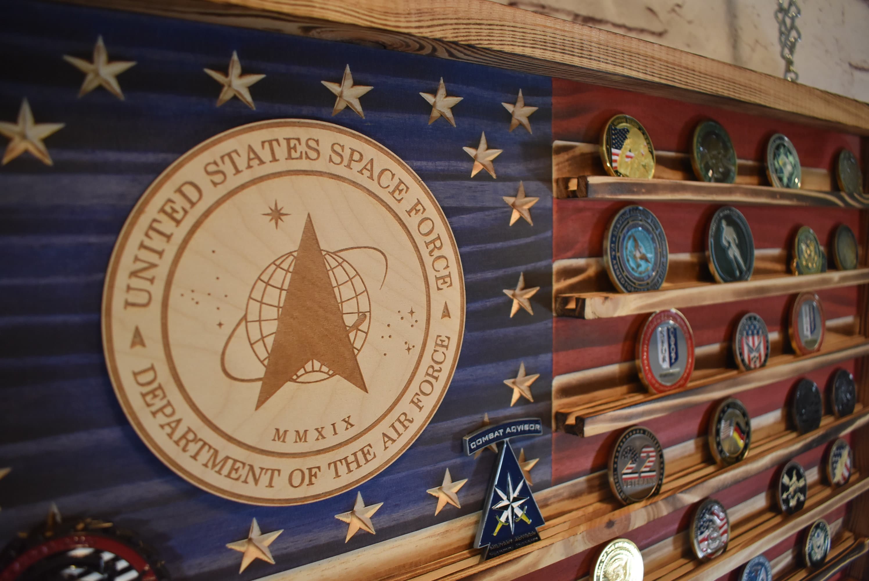 Space Force Challenge Coin Display Rack Holder - Rustic Air Force Space Force American Flag - Military Coin Display - Laser engraved emblem