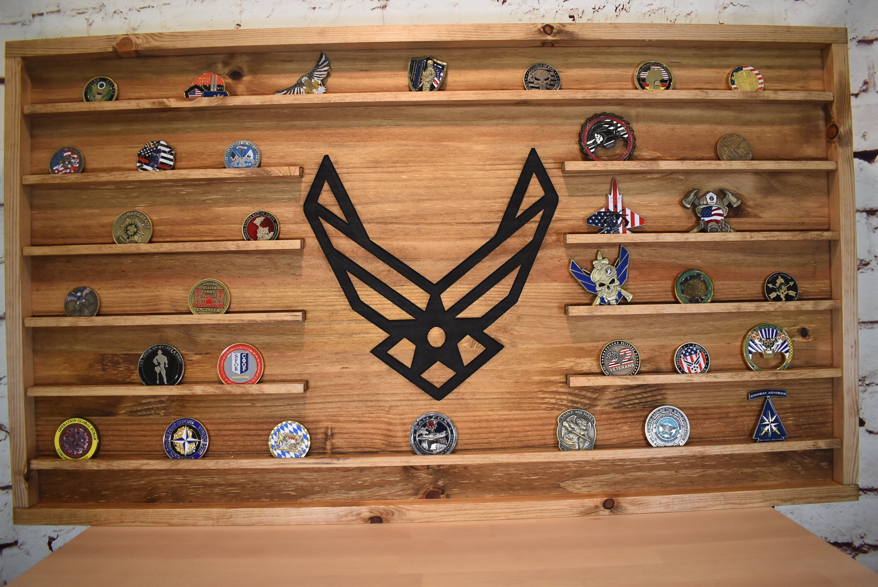 Air Force Challenge Coin Display Rack Holder - US Air Force Rustic American Flag - Military Coin Display