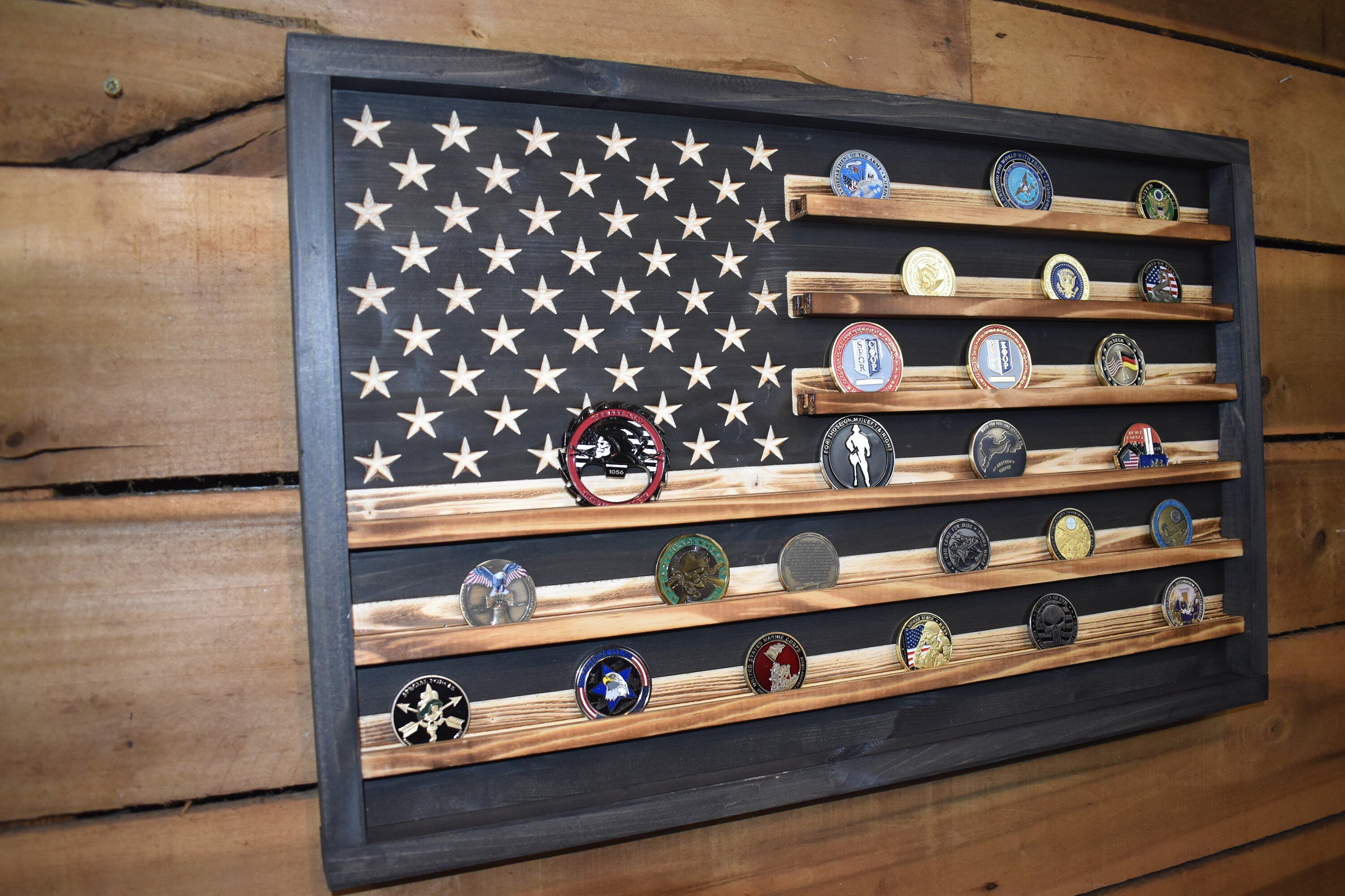 Custom Challenge Coin Display Rack Holder - Rustic American Flag - Military Coin Display