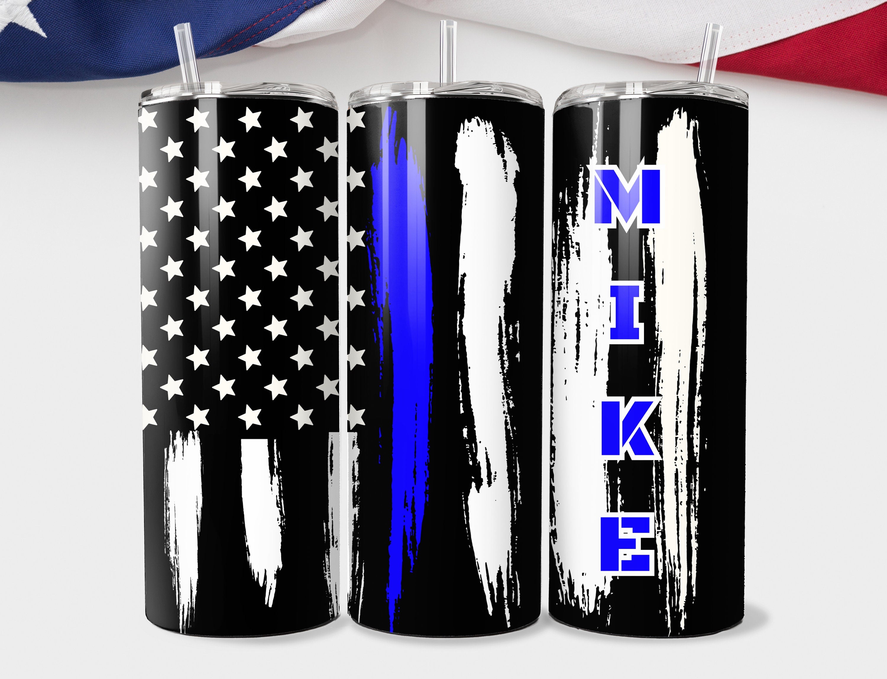 Personalized Thin Blue Line 20oz Skinny Tumbler - Custom Police Blue Line Tumble - US Flag Sheriff blue Line Travel Mugs Tumblers