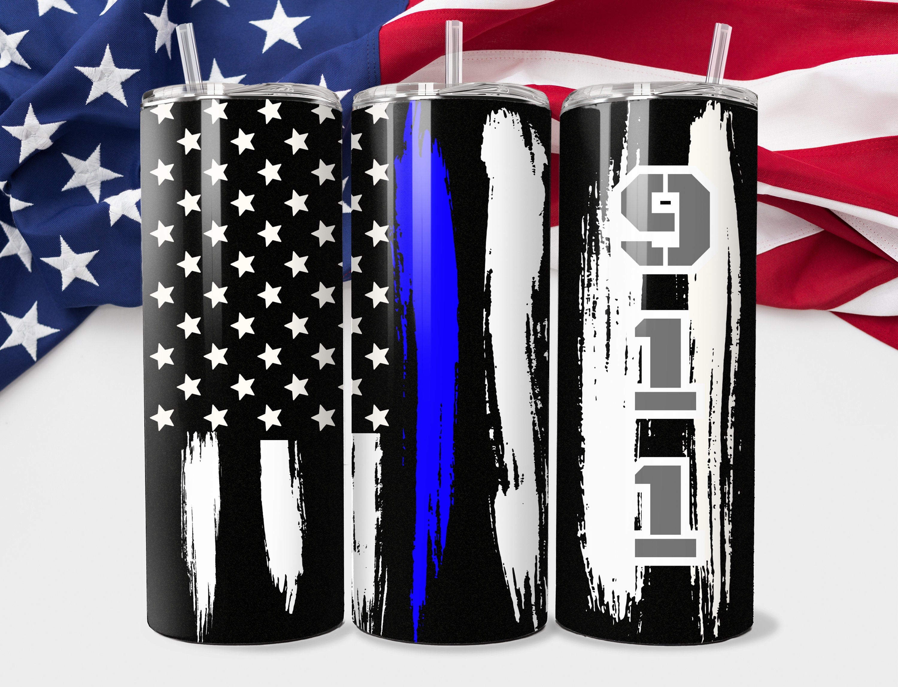 Personalized Thin Blue Line 20oz Skinny Tumbler - Custom Police Blue Line Tumble - US Flag Sheriff blue Line Travel Mugs Tumblers