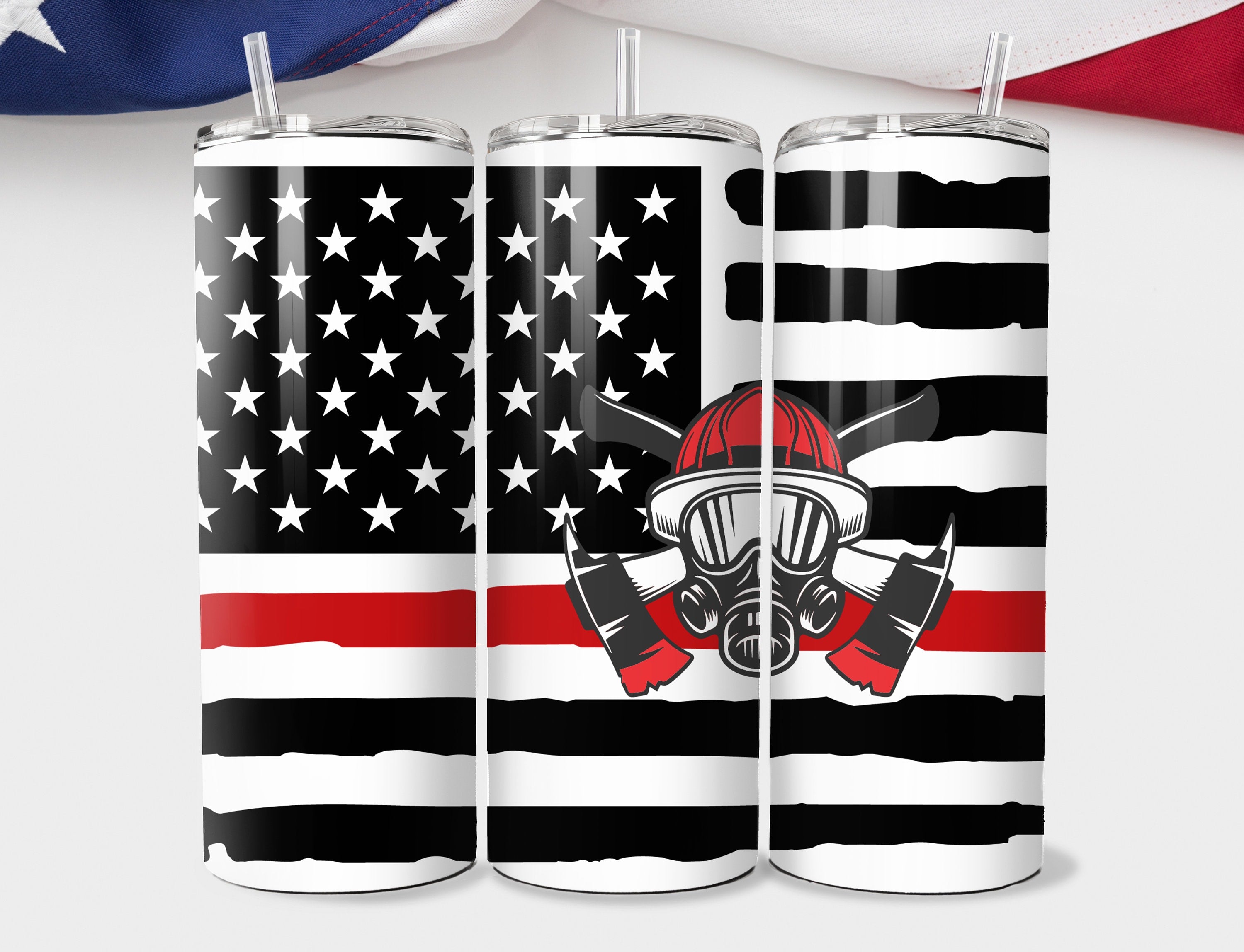 Personalized Custom Firefighter Thin Red Line 20oz Skinny Tumbler, Custom Red Line Tumble, US Flag Fire and Rescue red Line Travel Mug